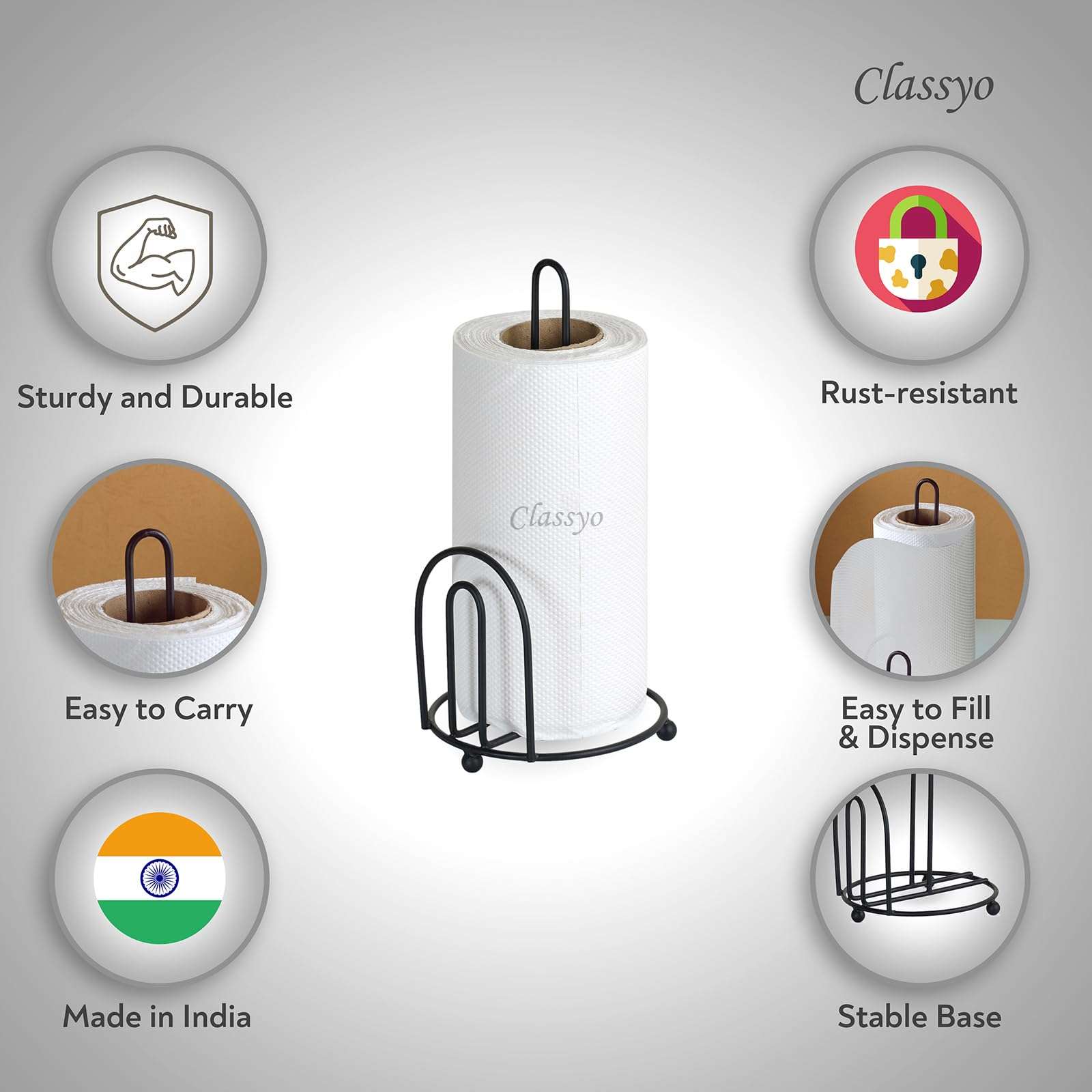 Classyo Metal Tissue Roll Holder for Kitchen, Tissue Paper Holder for Bathroom and Dining Table, Kitchen Roll Stand, Paper Towel Stand (10 inch) (Pack of 1, U Design) 4