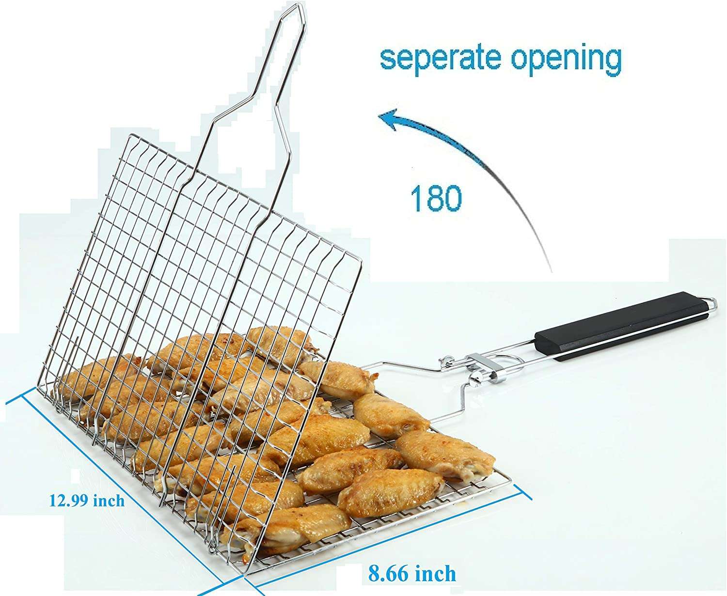 Divvy Chromium Plated Barbecue BBQ Grill Net Basket for Fish Vegetables, Steak Shrimp Chops and Other Food with Wooden Handle 3