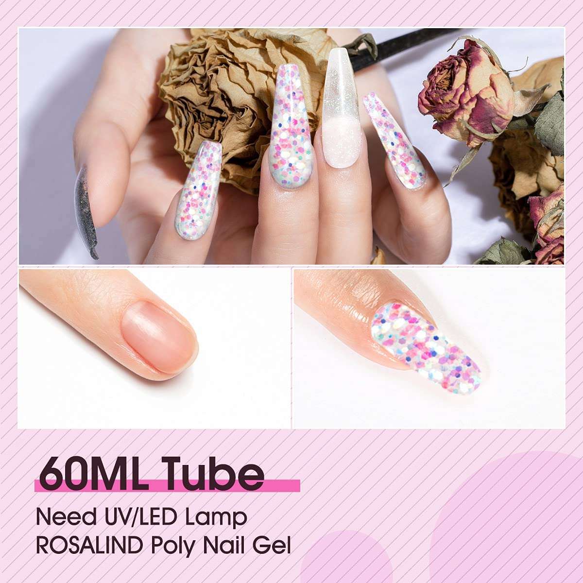 Shiny Pink Glitter Poly Extension Gel, ROSALIND 60ml Poly Nail Gel for Nail Art Decoration, Nail Thickening Extension Easy to DIY Use at Home Need UV Lamp (Update Version) 4