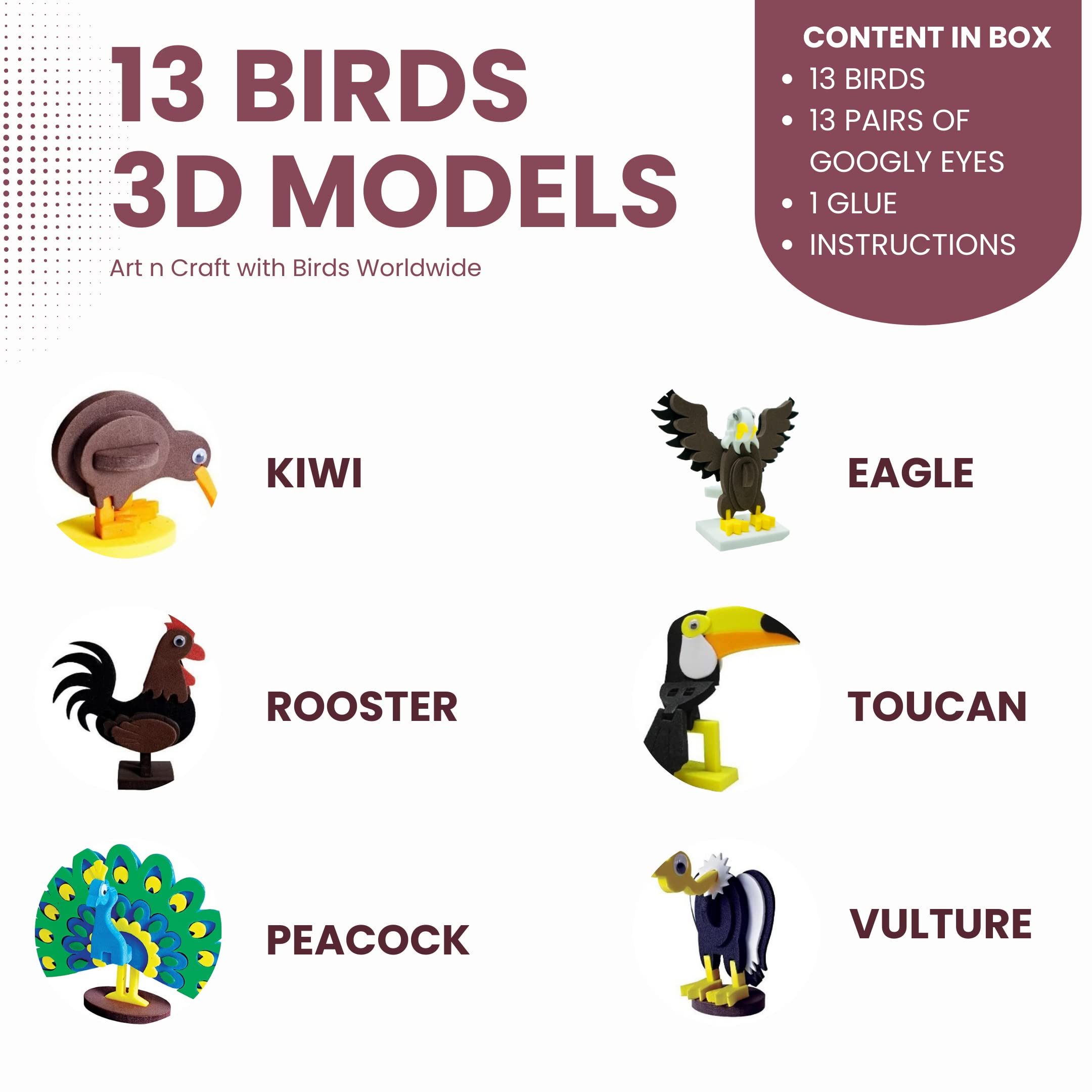 Meeksky Art and Craft- Birds Worldwide- 13 Make & Play with Birds Models- Construction Set 3