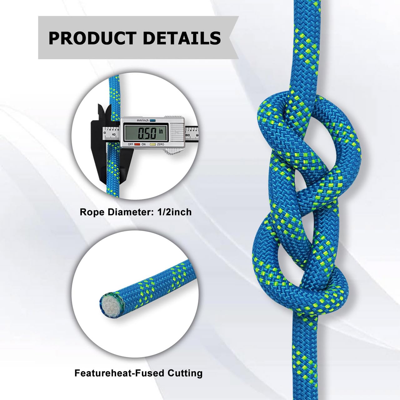 Double Braided Arborist Rope -1/2 Inch x 150 Feet Polyester High Strength Climbing Rope for Tree Work, Halyard, Sailing (Blue/Green) 4