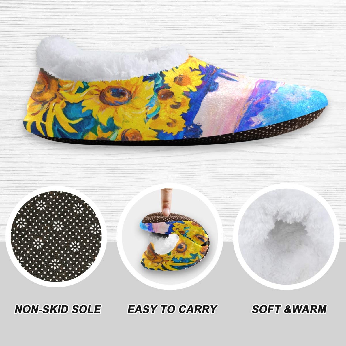 linqin Fuzzy Feet Slippers for Women and Men, Winter House Slippers Soft Warm Indoor Bedroom Home Shoes with Non Skid Sole - Oil Painting Sunflower, 1 3