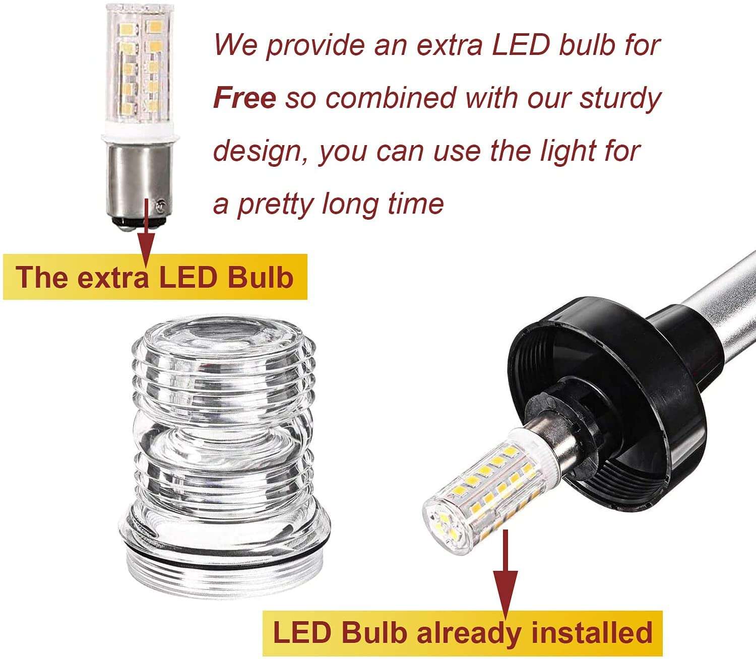 LYCAEA 24 inch 3 Nautical Mile Navigation Anchor Lights All Round 360° White LED With Aluminum Base and Tube, Extra LED Bulb Included, 12-24V 4
