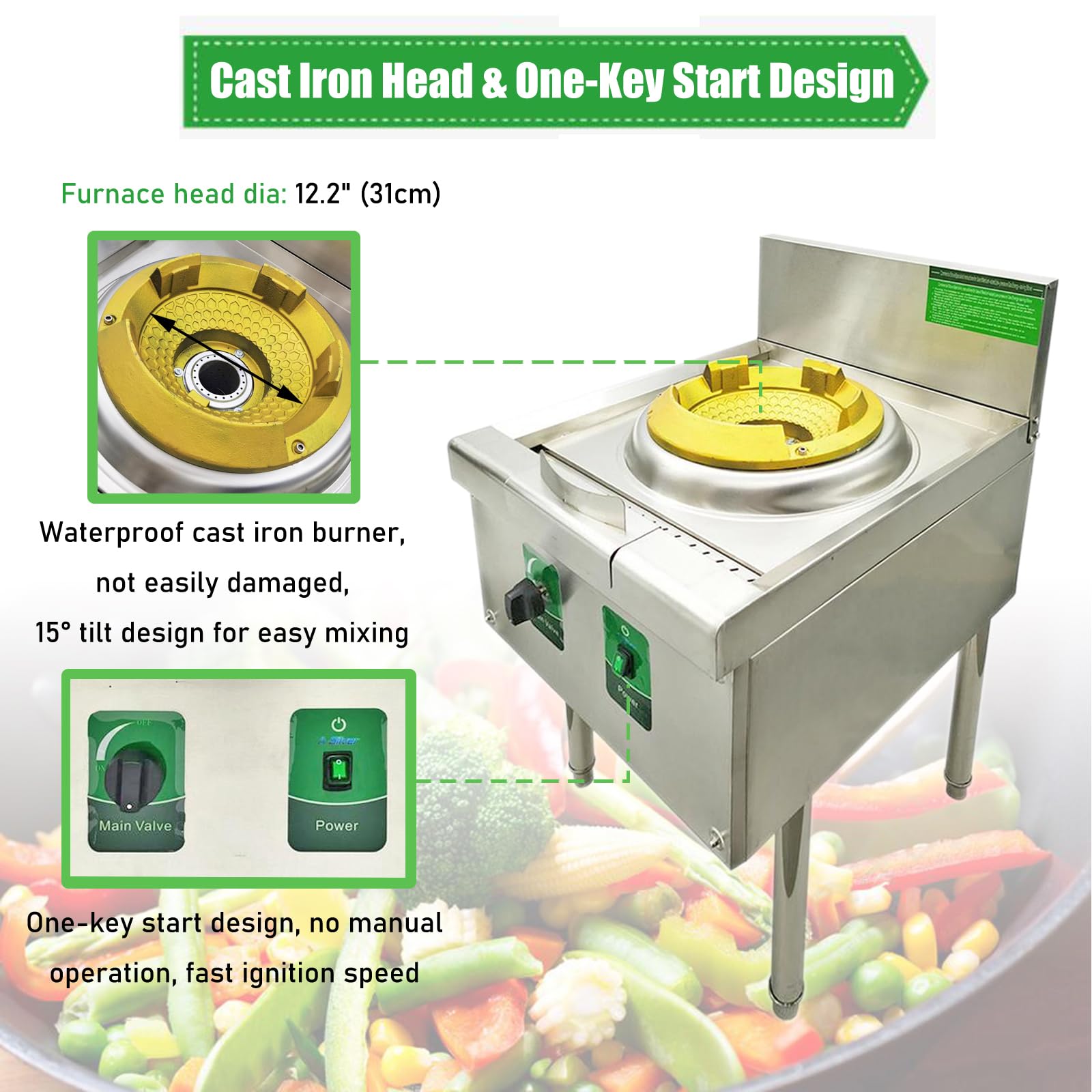 INTSUPERMAI Gas Wok Commercial Burner Stove Fierce Fire Stove Natural Gas Stove Fierce Fire Fan Stove Restaurant Stainless Steel Compact Wok 110V 5