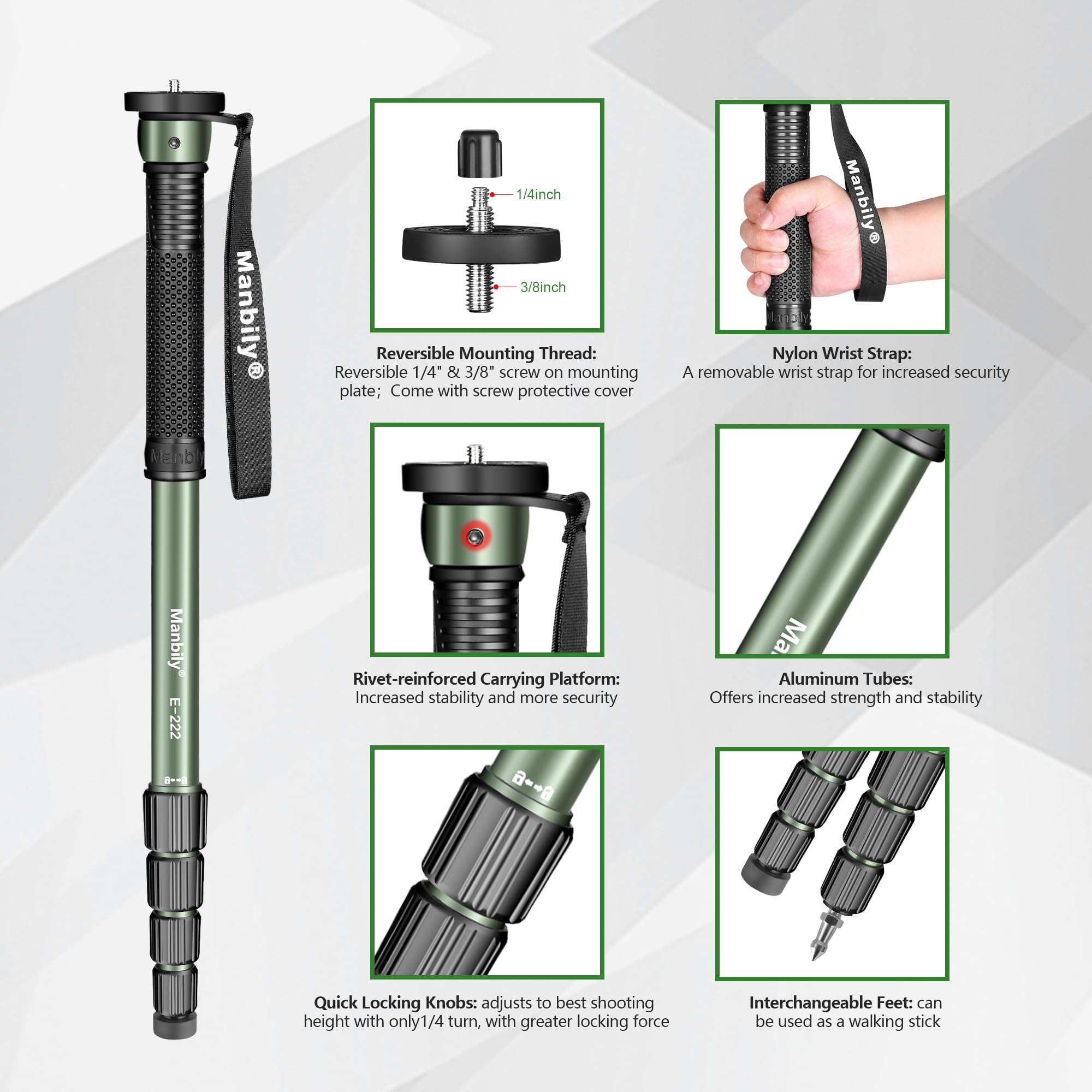 Manbily 65-Inch Camera Monopod, 5 Sections Aluminum Travel Monopod for Canon Nikon Sony DSLR Cameras Video Camcorder, Compact Portable Lightweight（E-222） (Green) 4