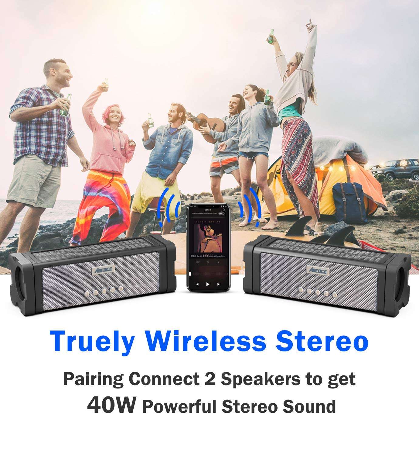 ABFOCE Solar Bluetooth Speaker,IPX7 Waterproof Portable 20W Rich Bass,with 27 LED Lights, 5000mAh Battery,Mic,TF Card,for Outdoor Shower Home-Black 4