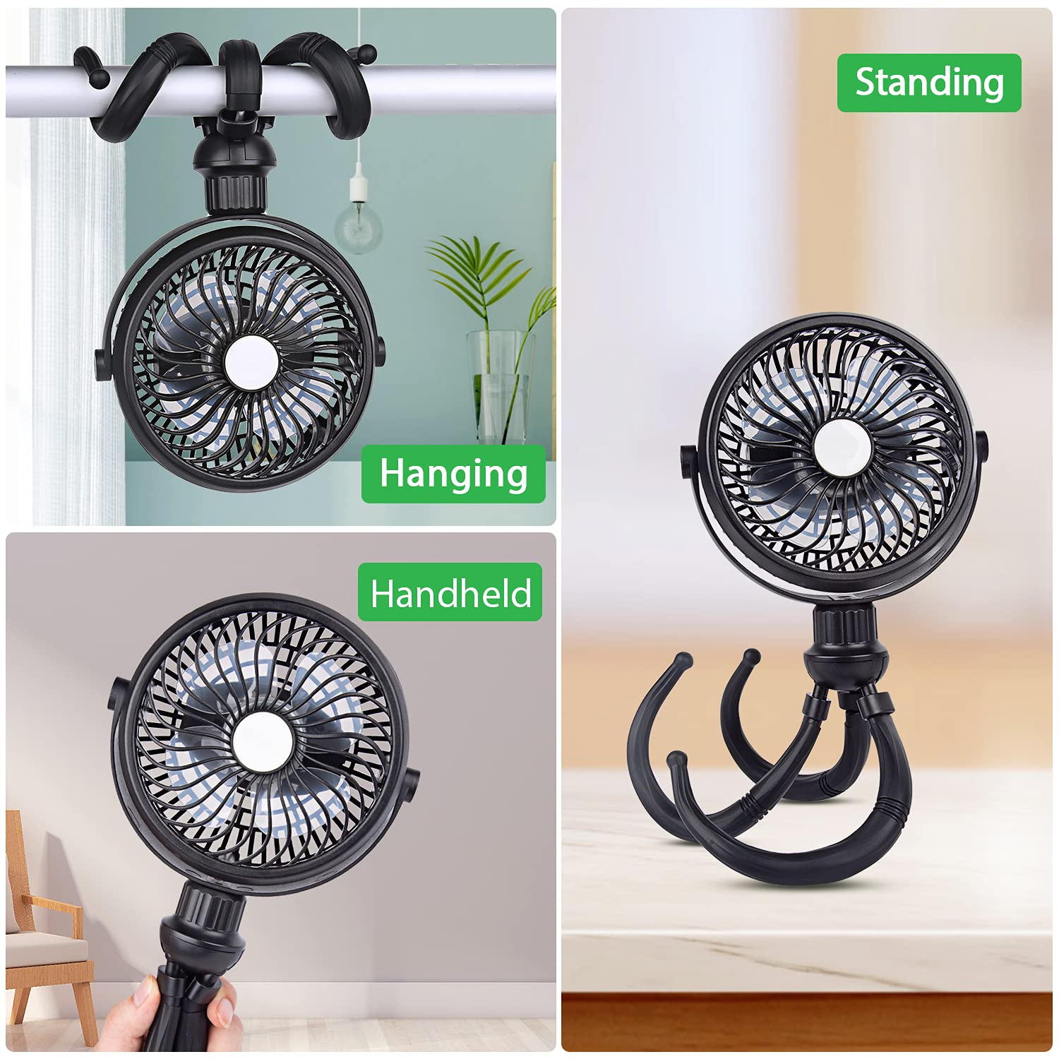 SkyGenius Stroller Fan, Clip on Fan with Flexible Tripod, 2600mAh Battery Operated Fan with Stepless Speed, 360° Rotatable Handheld Fan Suitable for Multiple Scenarios 3