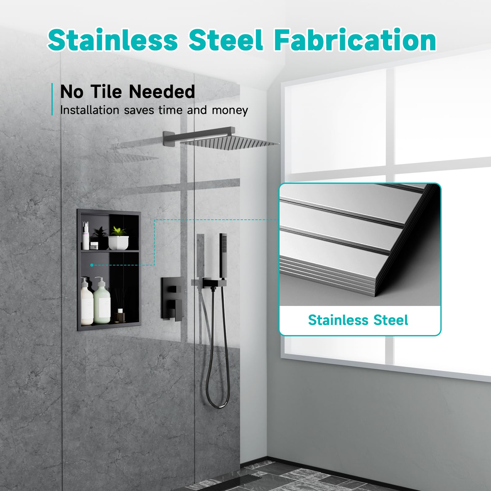 TSIBOMU 12" x 18" Stainless Steel Shower Niche – Recessed 2-Tier Shower Shelf, 12"x12" Upper & 12"x6" Lower Storage, Modern Bathroom Wall Niche (Black) 5
