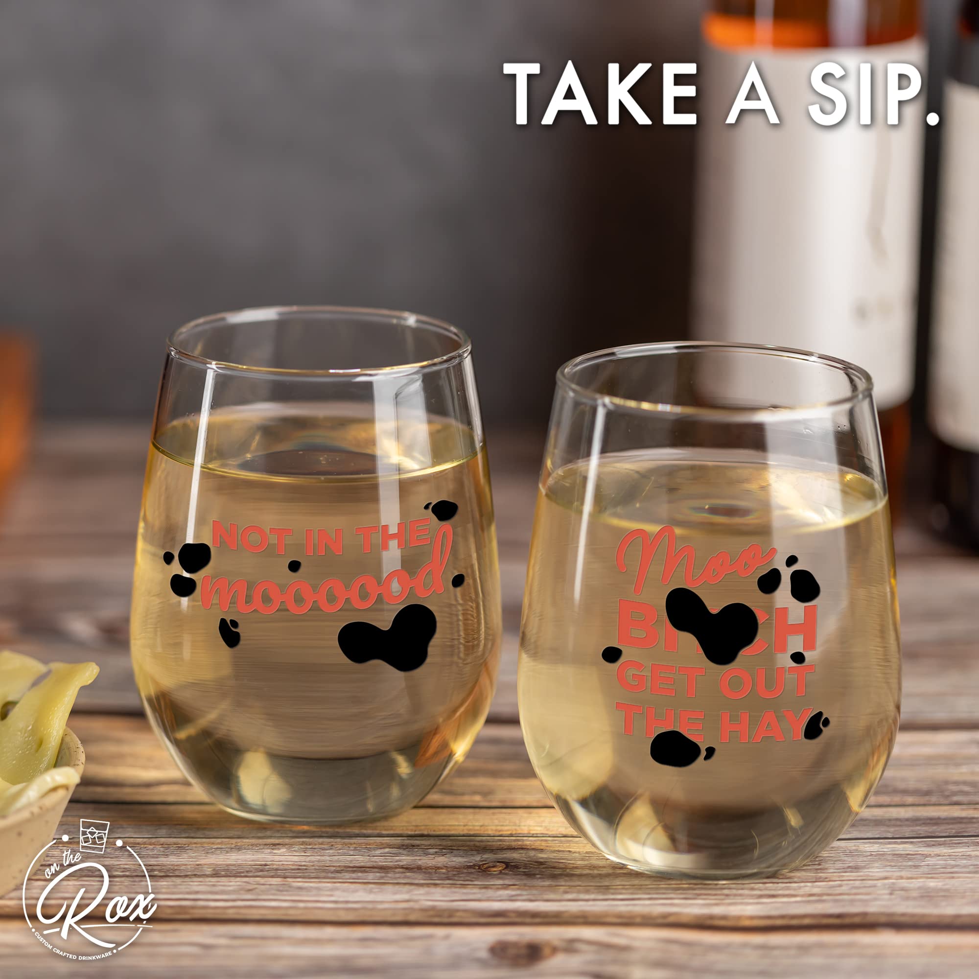 Fun Cow Gifts for Cow Lovers - "Not In The Mood" "Moo, B***h Get Out The Hay" 17 Oz 2PC Stemless Wine Glass Set, Colored - Fun Cow Glasses - Cute Cow Stuff, Cow Cups - Cow Themed Gifts for Women 6