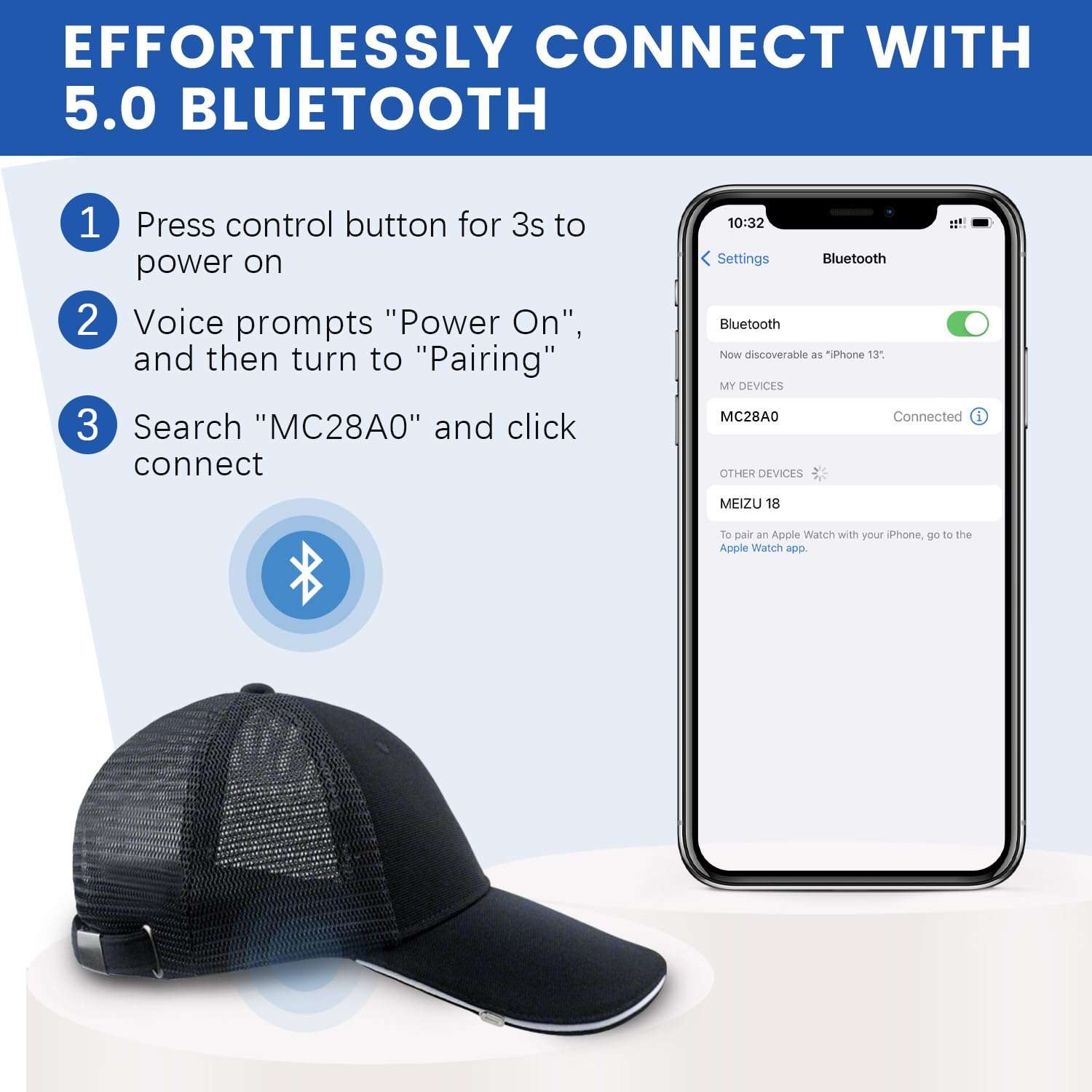 Dulailt Bone Conduction Headphones Hat, Bluetooth Cap with Headphones, Trucker Hat 20.4”-24.4”, Magnetic Charging, IPV7 Waterproof, Running Hiking and Fishing Black 4