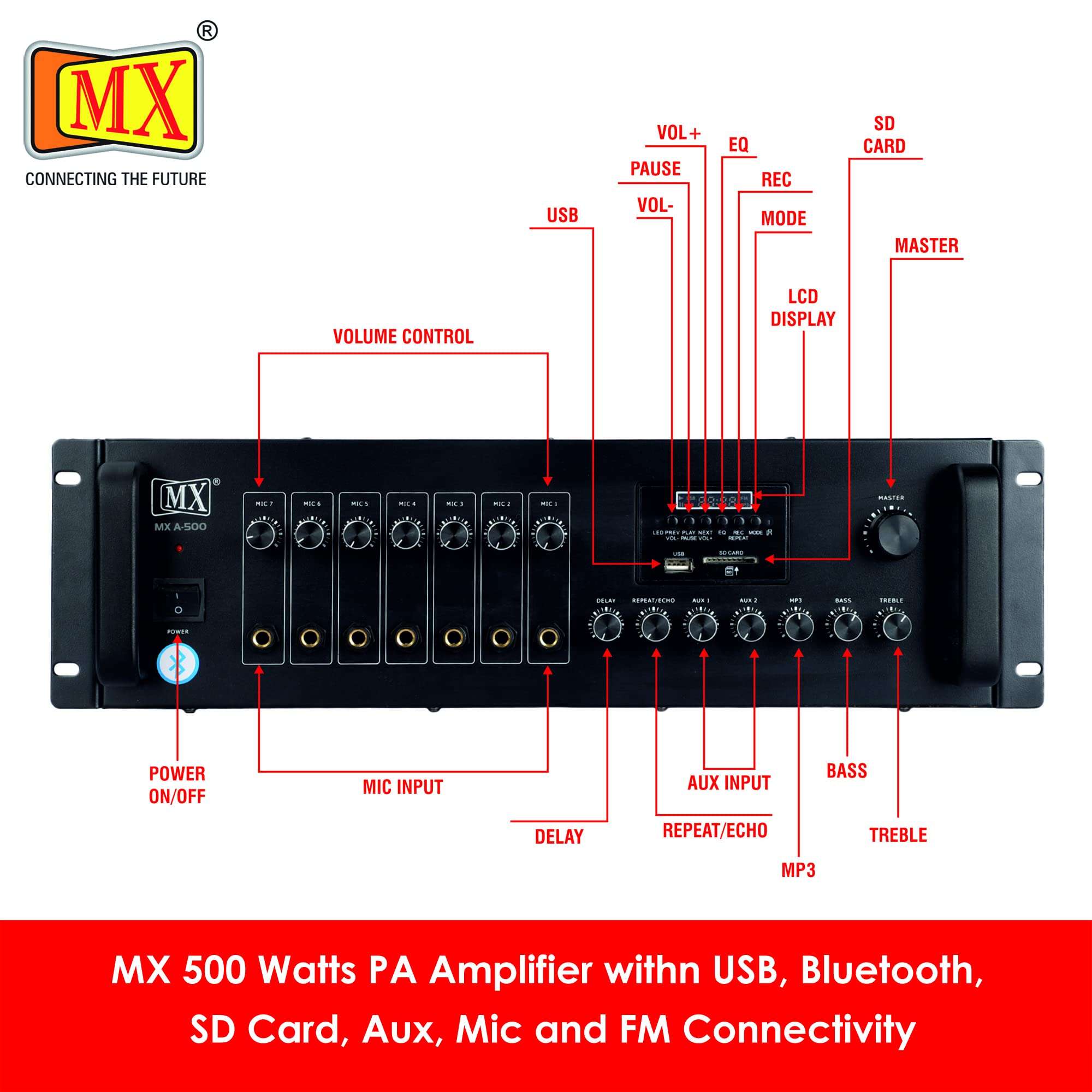 MX (A-500) PA AMPLIFIER with LCD DISPLAY,KARAOKE FUNCTION,USB,AUX,MIC,BLUETOOTH,LINE PERFECT for HOME and OUTDOOR FUNCTION 3