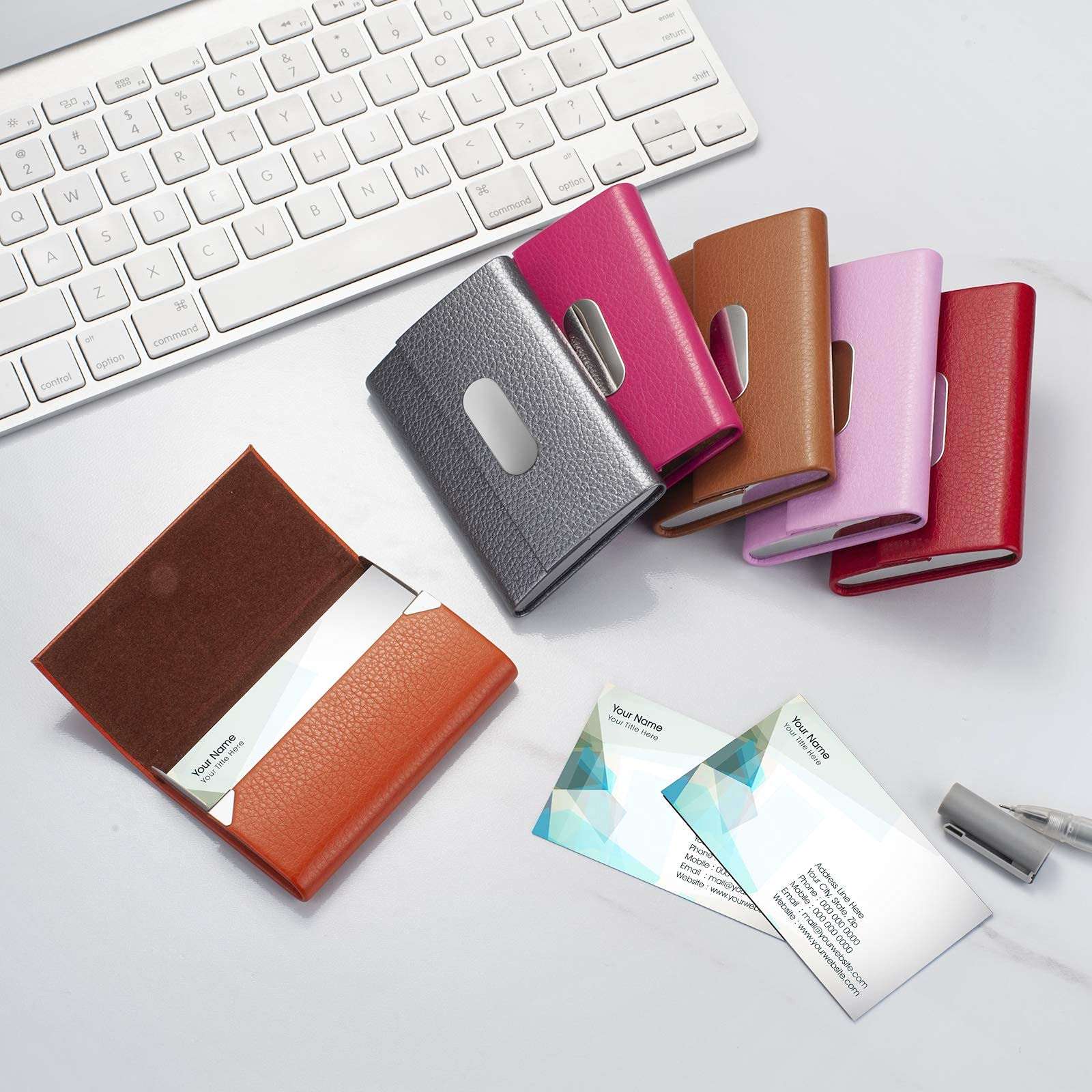 FACATH Business Card Holder for Women, PU Leather & Stainless Steel Business Name Card Holder Wallet Credit Card Metal Pocket Business Card Carrier with Magnetic Shut - Gray 3