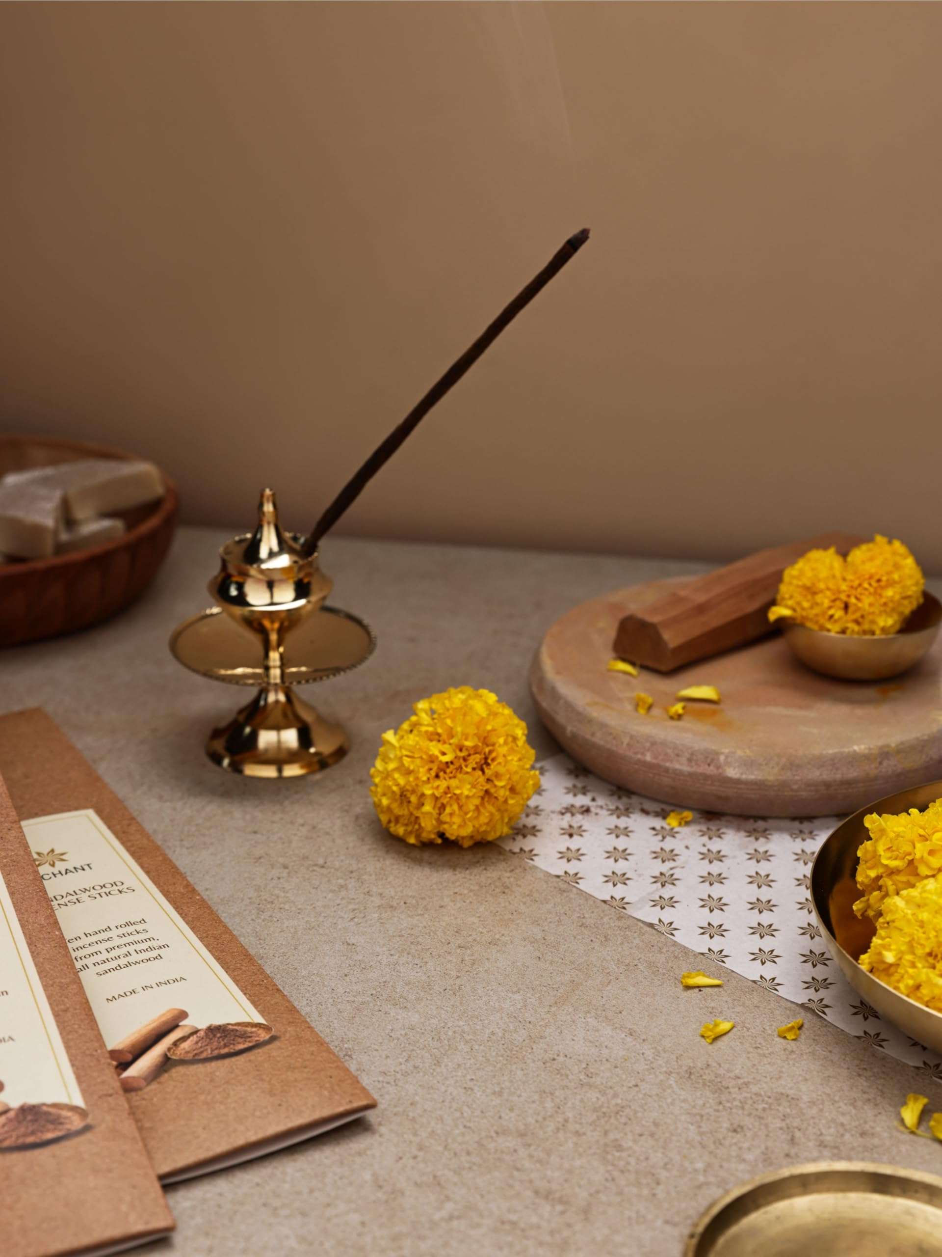 NChant Aarambh Puja Essentials Gift Box for Rituals Traditions and Ceremonies Diwali Puja Temple with Pital Bell Incense Holder Pure Sandalwood Tilak Incense Sticks Set of 1 3