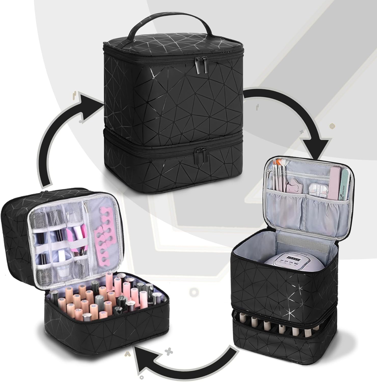 Fennec Mart Travel Nail Polish Organizer Bag Large Capacity Double Layer Makeup Case for 30 Bottles Nail Art Tool Storage with Handle, Customizable Compartments Multi Pouches for Travel (Black) 4