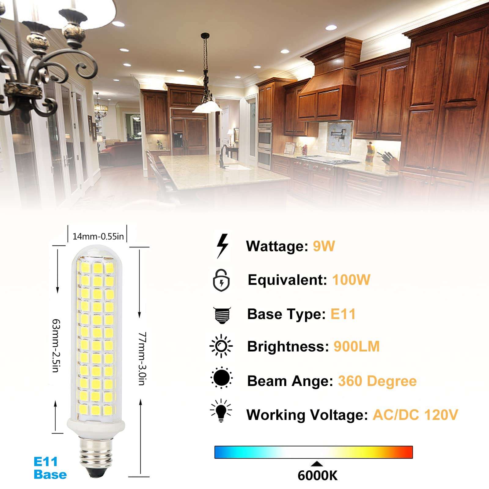 VYAOMLI E11 LED Light Bulb 9W 100W Equivalent Halogen Replacement Bulbs, E11 Mini Candelabra Base JD T3 T4 Corn Bulbs White 6000K Indoor Lighting 120V for Chandeliers Ceiling Fan 2