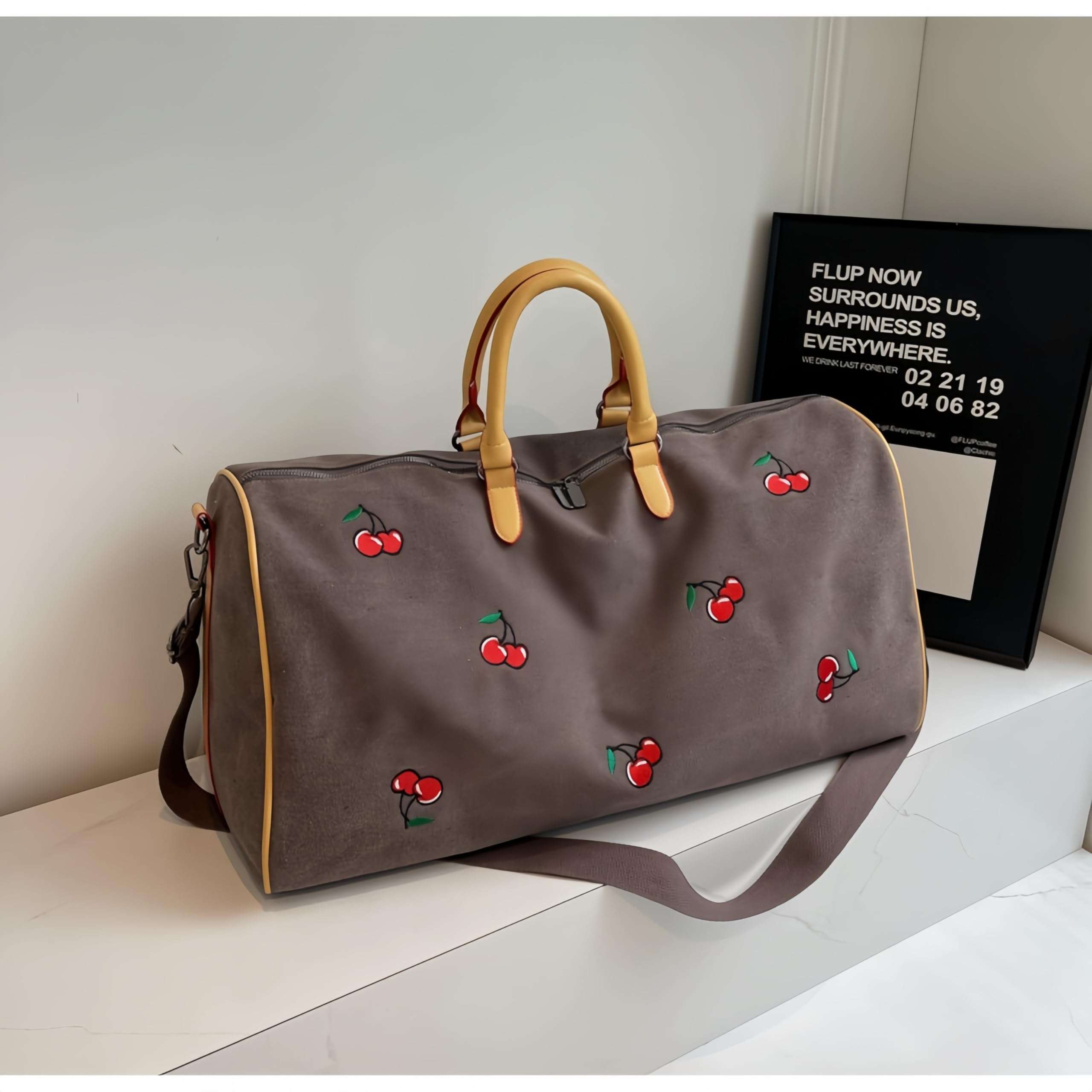 Cherry Print Travel Organizer Bag – Large Capacity Stylish Luggage Tote, Essential for Home and Travel, Fits on Trolley Handles (Coffee Color) 4