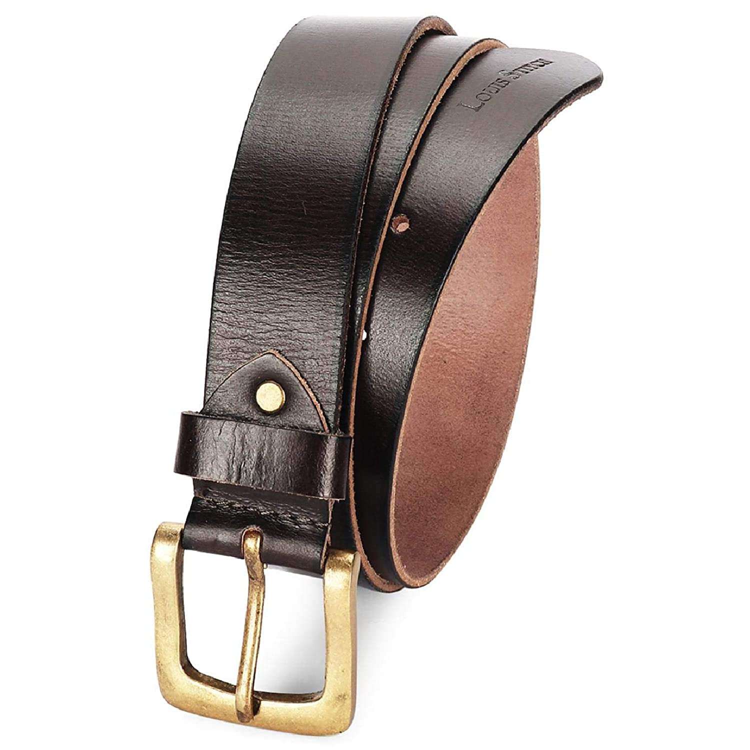 LOUIS STITCH Men's Rust Brown Italian Raw Leather Belt Premium Hand Padded Casual Belts for Men With Heavy Brass Buckle 1.5 Inch (38mm) (CAHPBB44) 1