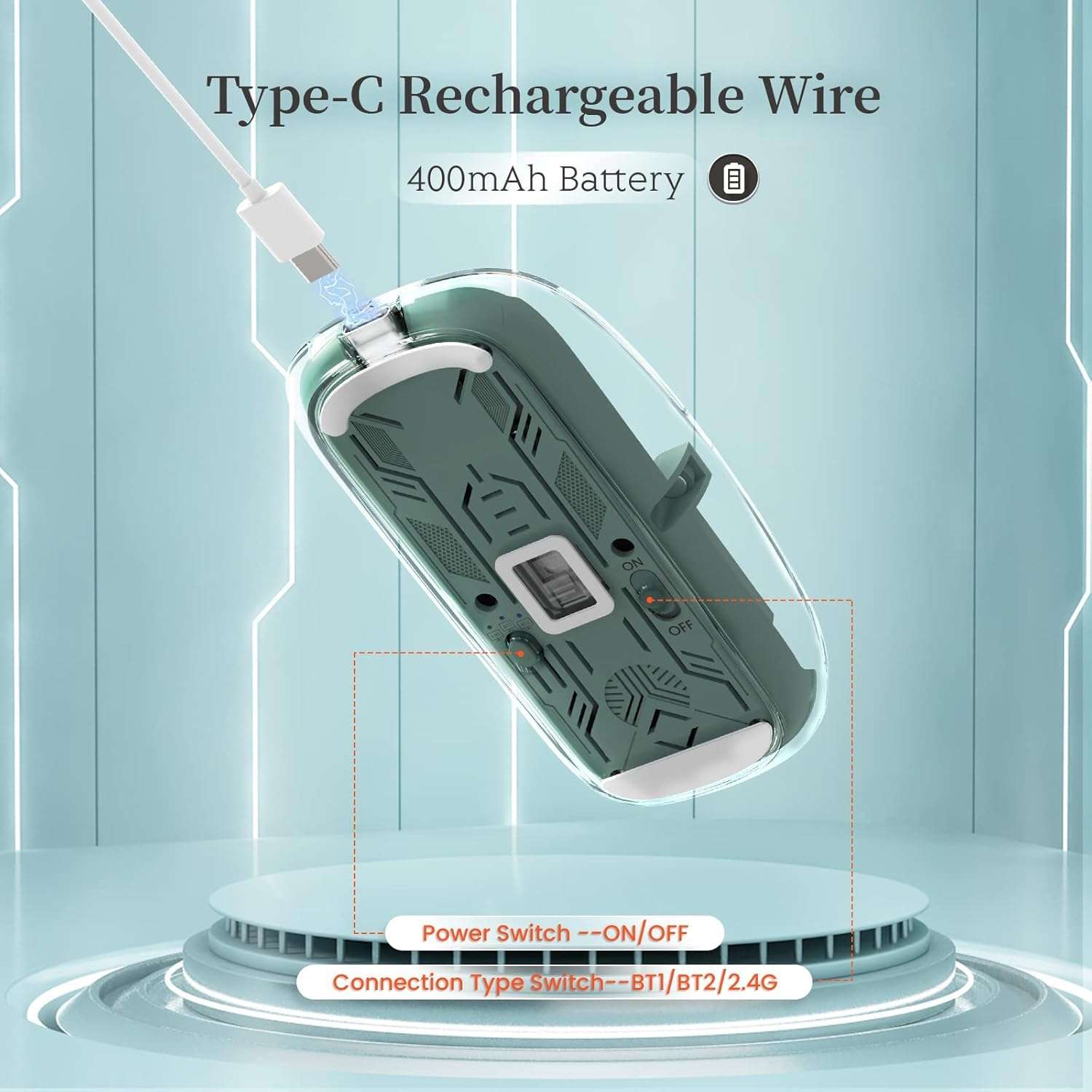 MICROWARE Wireless Transparent Mouse for Computer,Bluetooth Mouse Rechargeale,Power Display,DPI,Shortcut, Bluetooth5.1 + 2.4GHz 2in1 Receiver(USB)-Compatible with Laptop/Mac/iPad/Chromebook 5