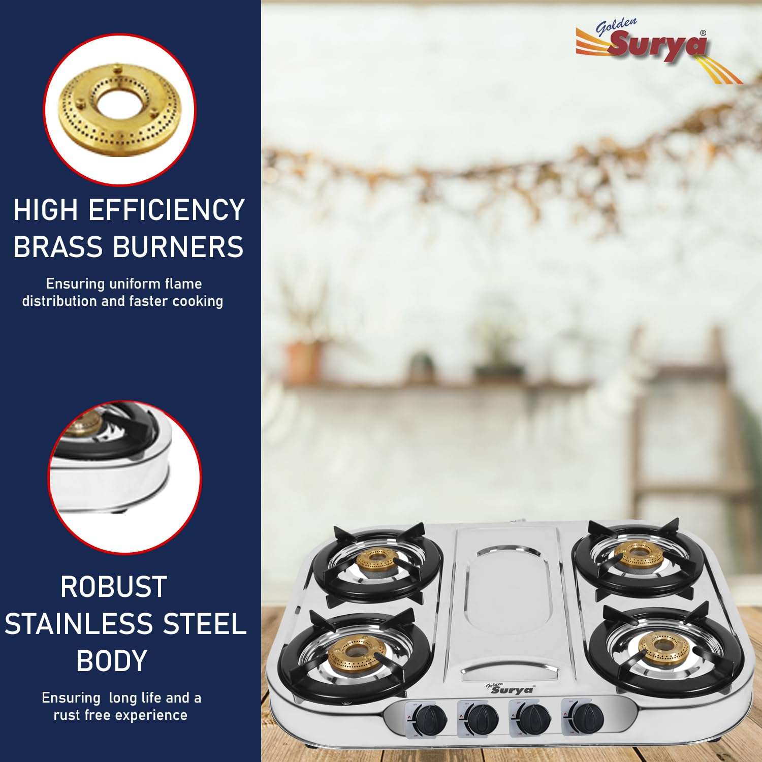 GOLDEN SURYA Classic Premium Stainless Steel Frame, Manual Ignition, 18 Months Warranty, BIS Certified, 4 Burner Gas Stove (Magma) 5