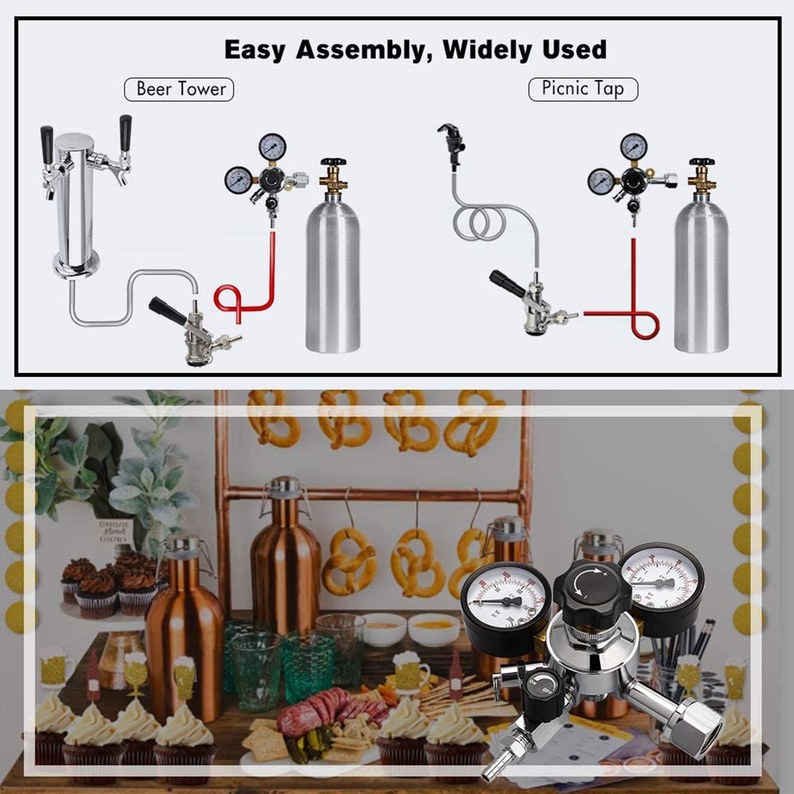 FERRODAY Dual Gauge CO2 Draft Beer Regulator Dual Stage Pressure Regulator CGA-320 CO2 Tank Beer Kegerator Regulator with Relief Valve Beer Keg Pressure Regulator for Homebrew 0-60 PSI 0-3000PSI 6
