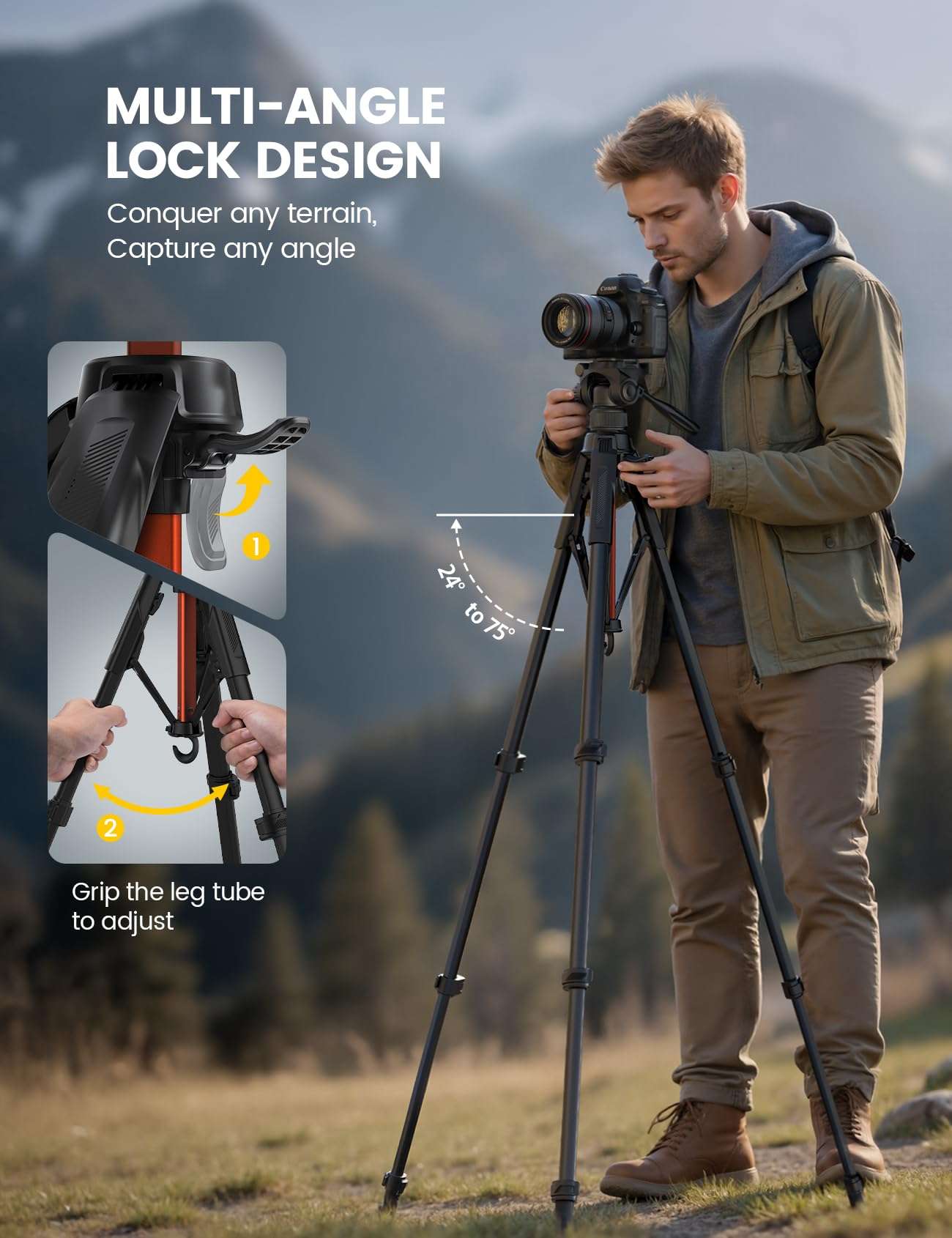 Lamicall Camera Tripod - 17.6LBS Max Load Tripod for Camera with Rapid Leg Deployment Phone Tripods for Video Recording Photo Vlog, 67" Camera Stand with Phone Holder & Carry Bag for DSLR Orange 4