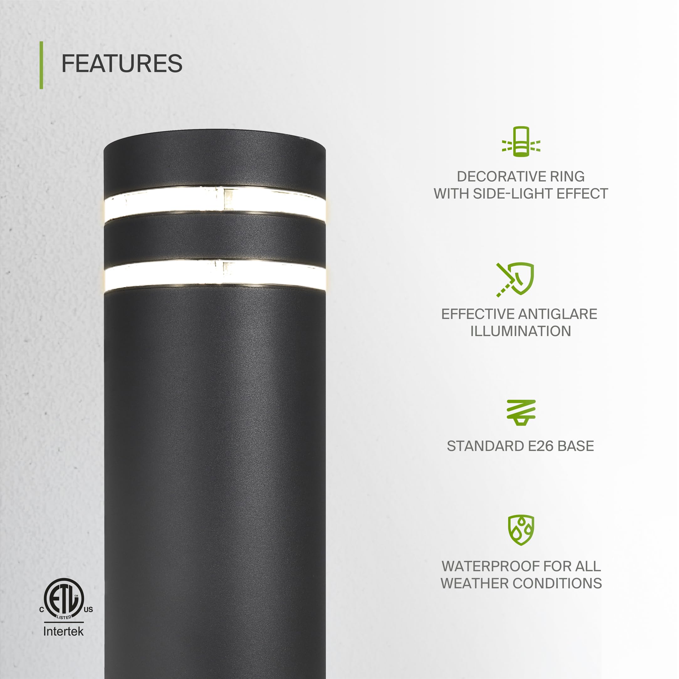 ASD 12 Inch Round Bollard Light Fixture | 60W E26 Socket 120V | Dimmable, Waterproof, LED/CFL/Incandescent Bulbs Compatible, ETL Listed | Outdoor Floor Lantern, Landscape Post Lighting | Black 4