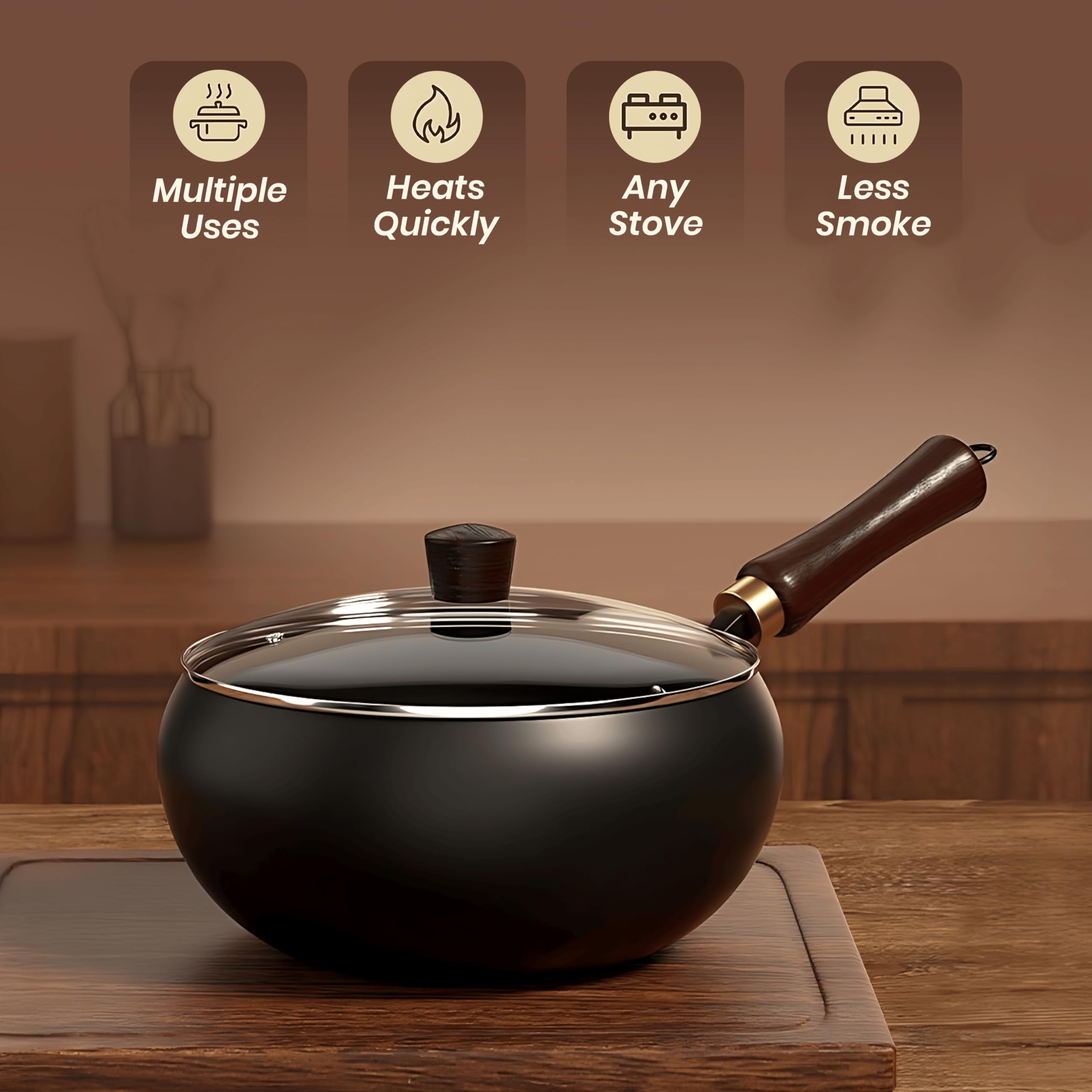 Homero Cast Iron Frying Pan with Lid 24cm – Pre-Seasoned Deep Fry Pan with Wooden Handle, Multipurpose 2kg Iron Pan for Omelette & Fish Fry, Compatible with Gas & Induction Stoves 3