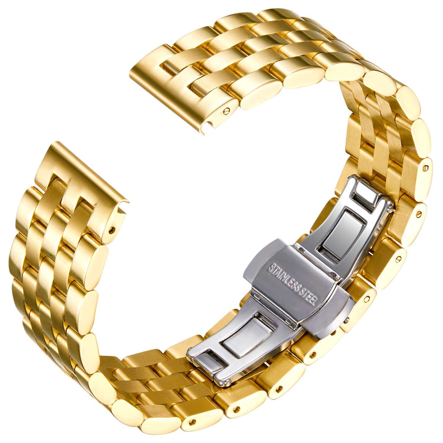 BINLUN Stainless Steel Watch Band Metal Watch Straps Replacement Watchband for Men and Women with Curved and Straight End (18MM, Gold) 4