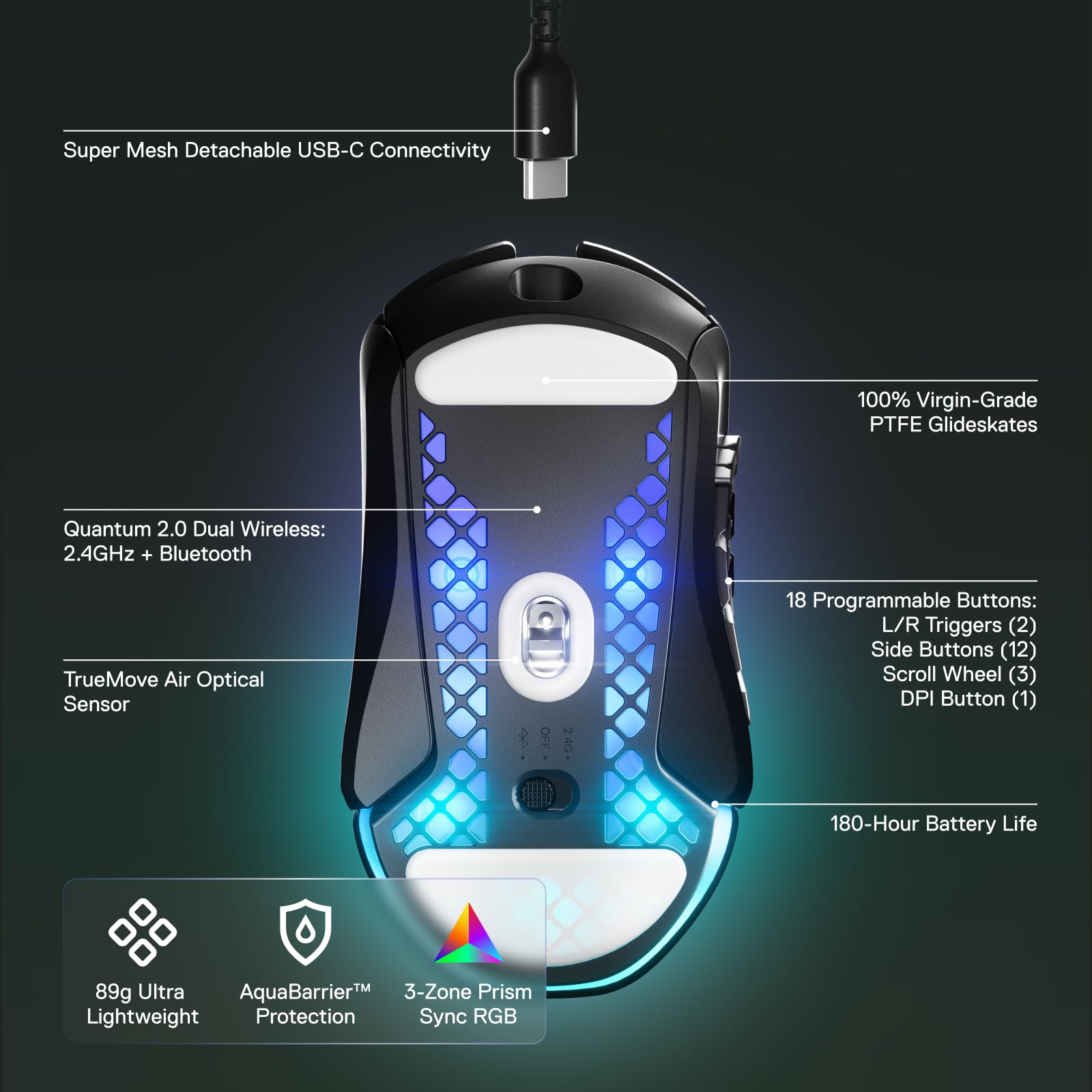 SteelSeries Aerox 9 Wireless - Holey RGB Gaming Mouse - Ultra-lightweight Water Resistant Design - 18 Buttons – Bluetooth/2.4 GHz - 18K DPI TrueMove Air Optical Sensor 3