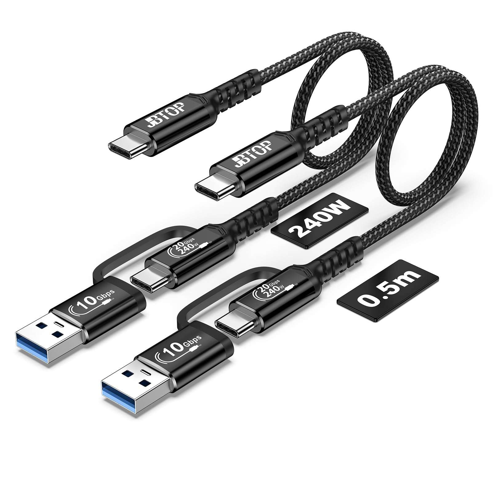 JBTOP 2-in-1 Android Auto USB C Cable 1.5ft[2Pack], USB-C 240W Fast Charging 10Gbps Superspeed Data Transfer Cable, Compatible with iPhone 16 15 Pro Max, Galaxy S23, Pixel 9 Pro XL 1