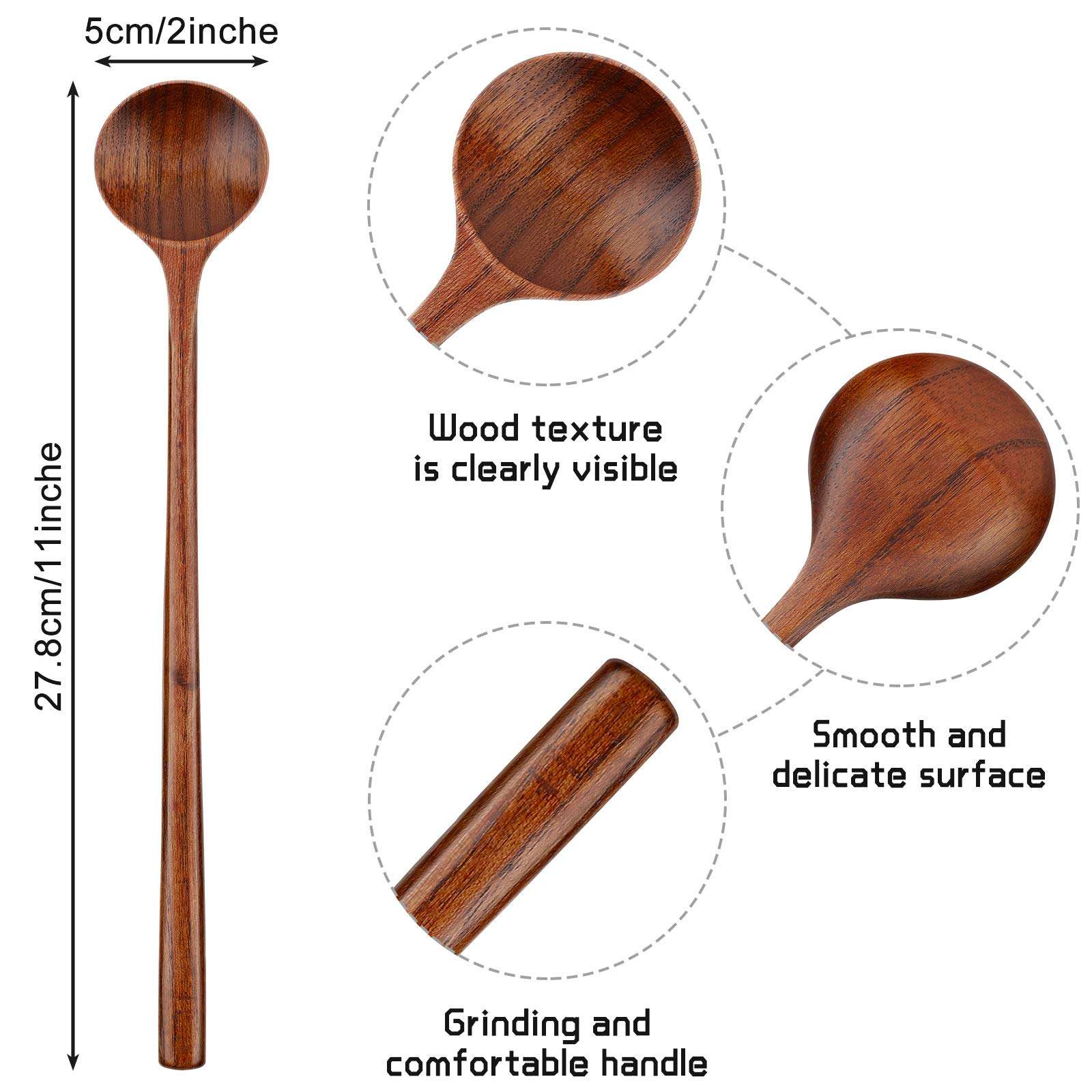 Patelai 6 Pcs 11 Inch Wood Long Spoons Wooden Long Handle Round Scoops Korean Style Soup Spoons for Soup Cooking Mixing Stirring Kitchen Tools Utensils(Brown) 2