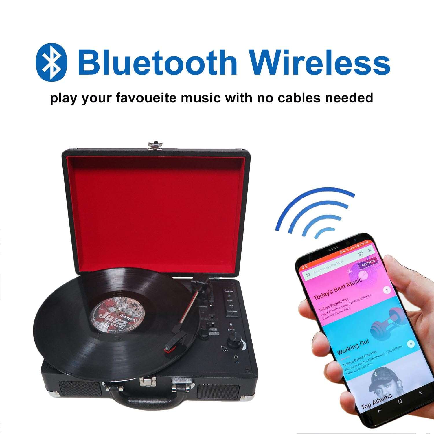 Portable Record Player for Vinyl with Speakers,Suitcase Turntable Supports Line Out,AUX in, Earphone Jack,Replacement Needle,3-Speed,Dust Cover 4