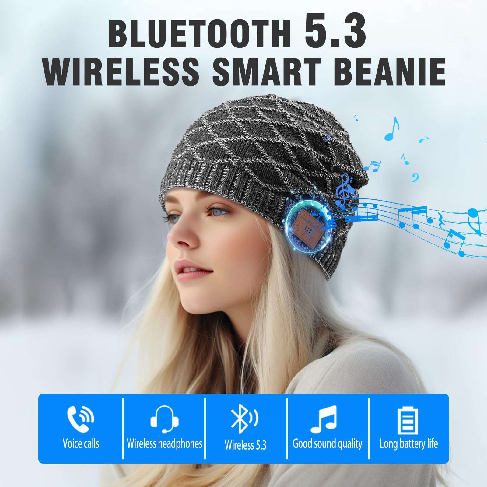 Bluetooth Beanie for Men, Wireless Headphones for Bluetooth Hat, Winter Knit Music Hat, Unique Tech Gifts Stocking Stuffer, Christmas Birthday Gifts for Men Him Husband Teen, Grey 4