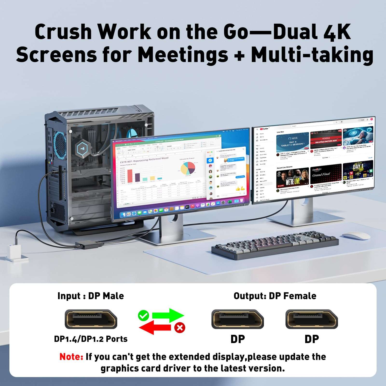 RUUPRRN 4K@60Hz DisplayPort to Dual DisplayPort Splitter Adapter, Display Port Splitter for Dual Monitors, DP 1.4 Splitter 1 in 2 Out, Displayport MST Hub for PC, Graphics Card, NVIDIA, AMD 5