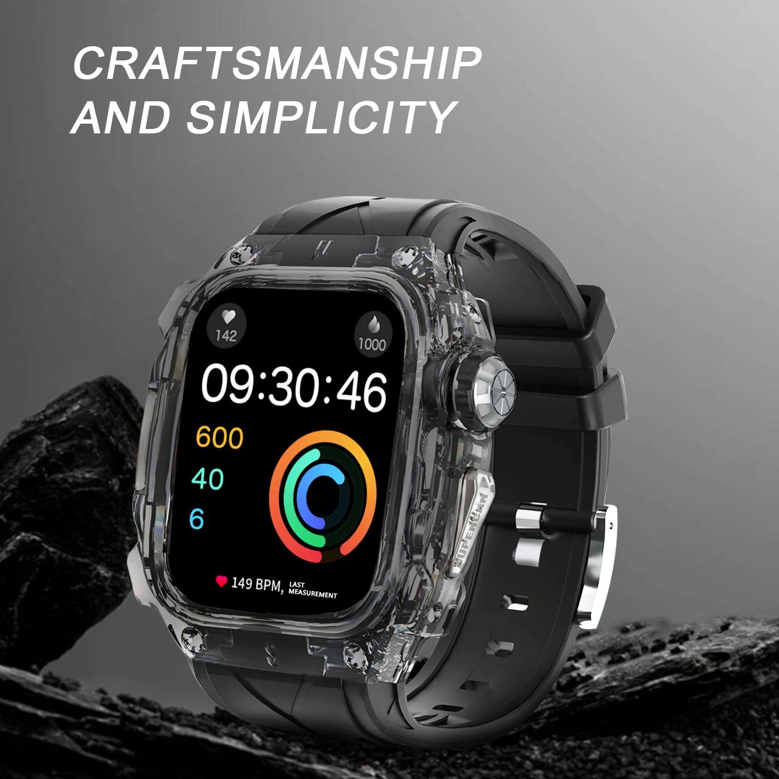 Silicone Case for Apple Watch 9 8 7 45mm 6 44mm, Men Sport Bands Rugged Case for iWatch 6 5 4 SE 44mm Full Protective Cover, Novetly Designed for Apple Watch Case with Luxury Band Case Gifts,Black 3