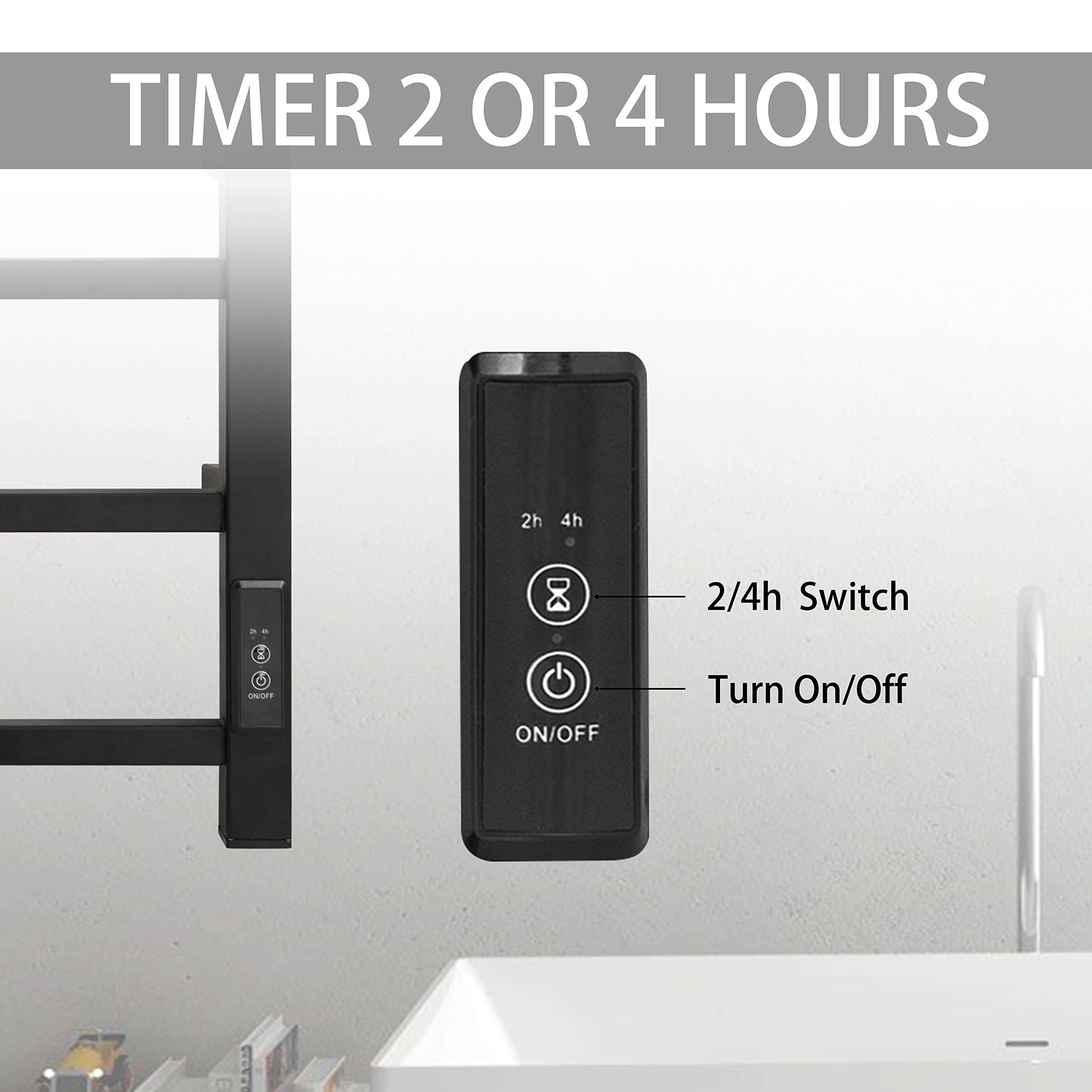 KEG Towel Warmer 4 Bars for Bathroom Wall Mounted Bath Towel Heater Hardwired and Plug-in with Built-in Timer Matte Black 6