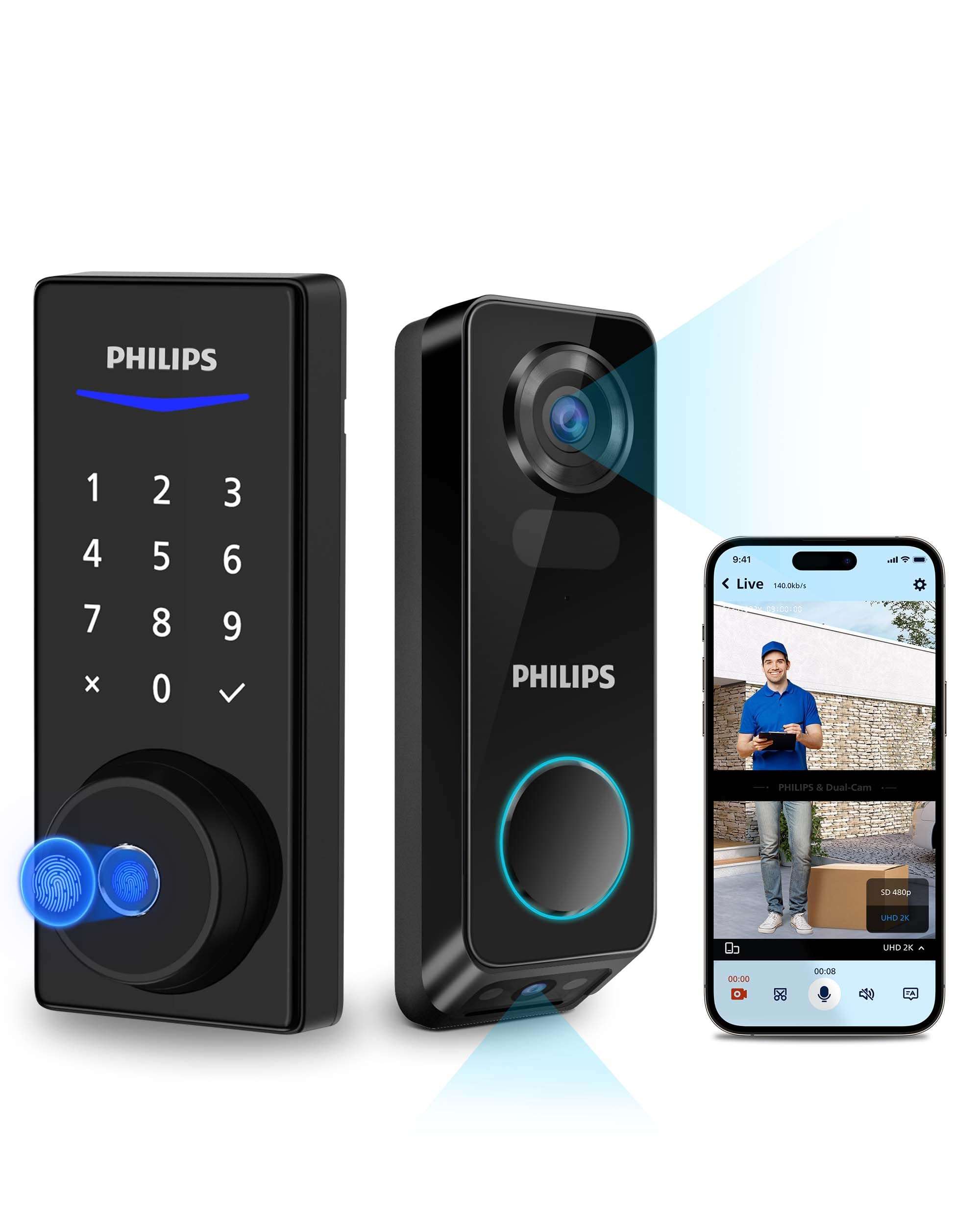 Philips Smart Lock + Wireless Dual Camera Video Doorbell, Smart Bluetooth Deadbolt, App Remote Control, 2K HD Doorbell Camera, No Monthly Fee 1