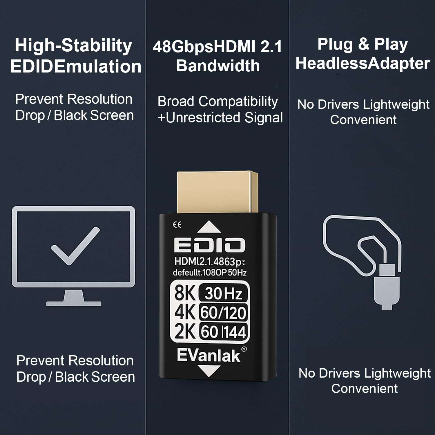 EVanlak 8K 30Hz HDMI Dummy Plug, 4K EDID Emulator Virtual Display Adapter, Headless Ghost HDMI 2.1 Emulator Supports 8K@30Hz / 4K@120Hz / 1440p@144Hz / 1080p@144Hz, Plug & Play Gold Dongle (1-Pack) 6