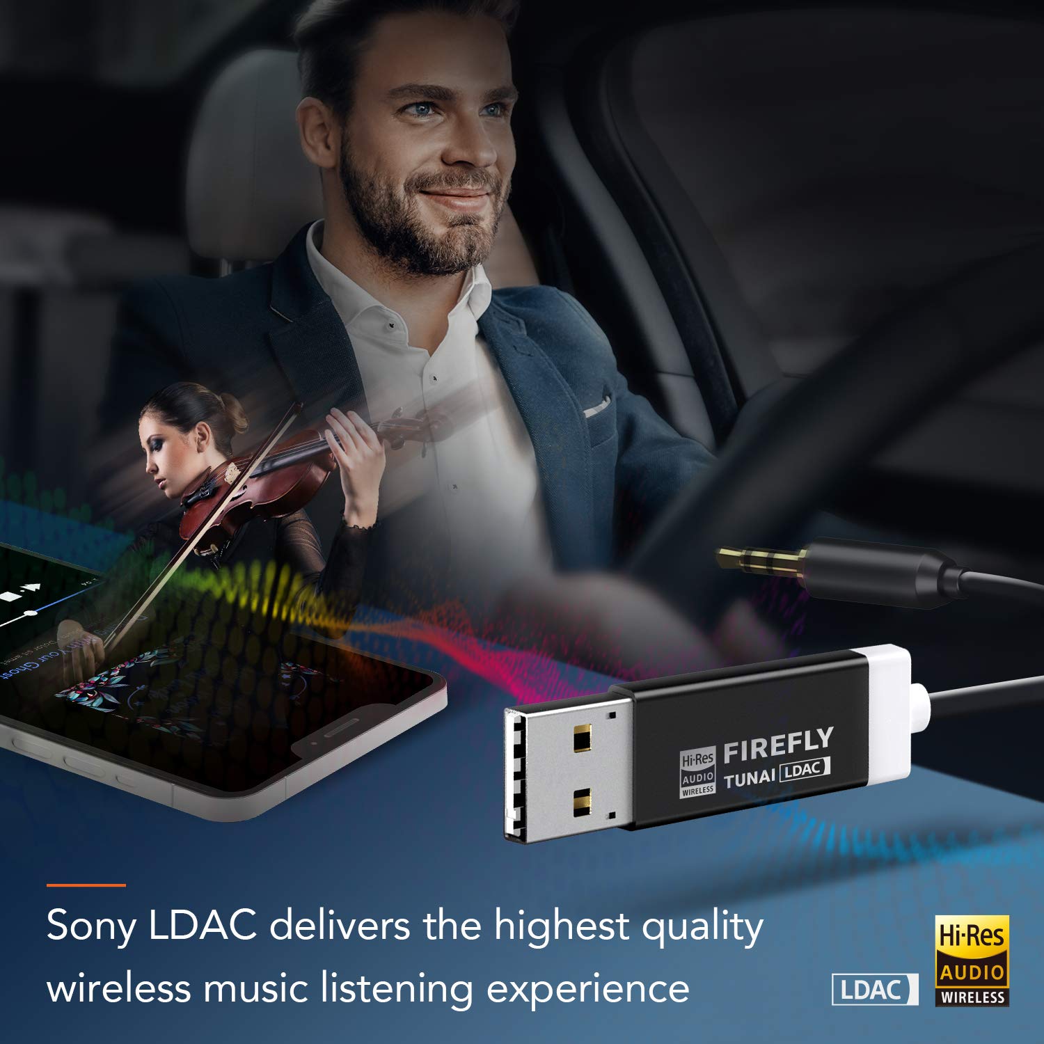 TUNAI Firefly LDAC Bluetooth Receiver: High Resolution Wireless Audio Bluetooth 5.0 Adapter with Audiophile USB DAC 3.5mm AUX for Car/Home Stereo Hi Res Music Streaming; Auto On, No Charging Needed 3