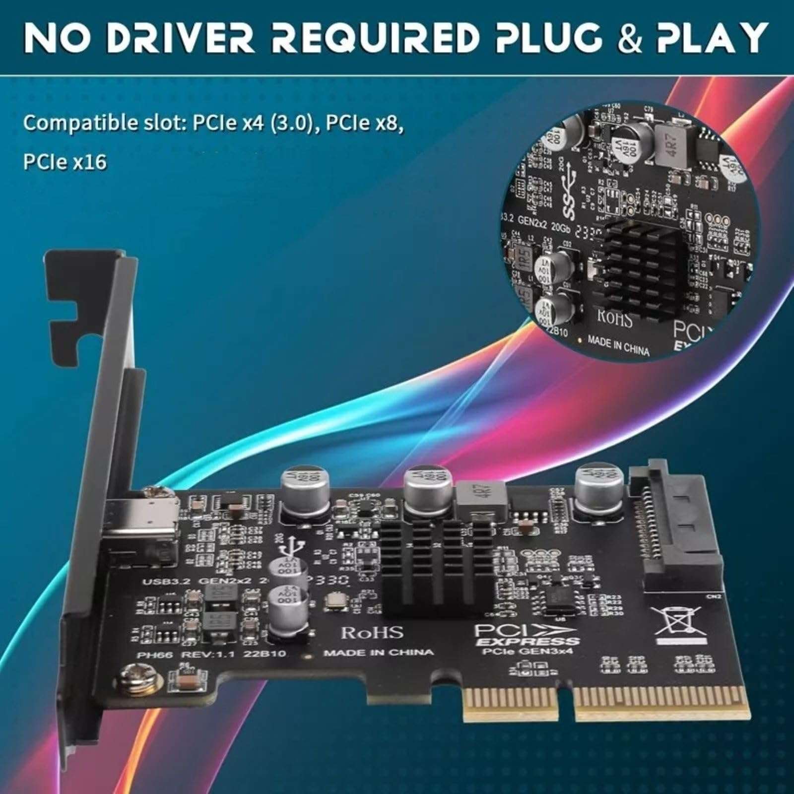 1-Port USB 3.2 Gen 2x2 (20Gbps) PCIe Card USB Type-C PCIe Adapter Card Expansion Card 6
