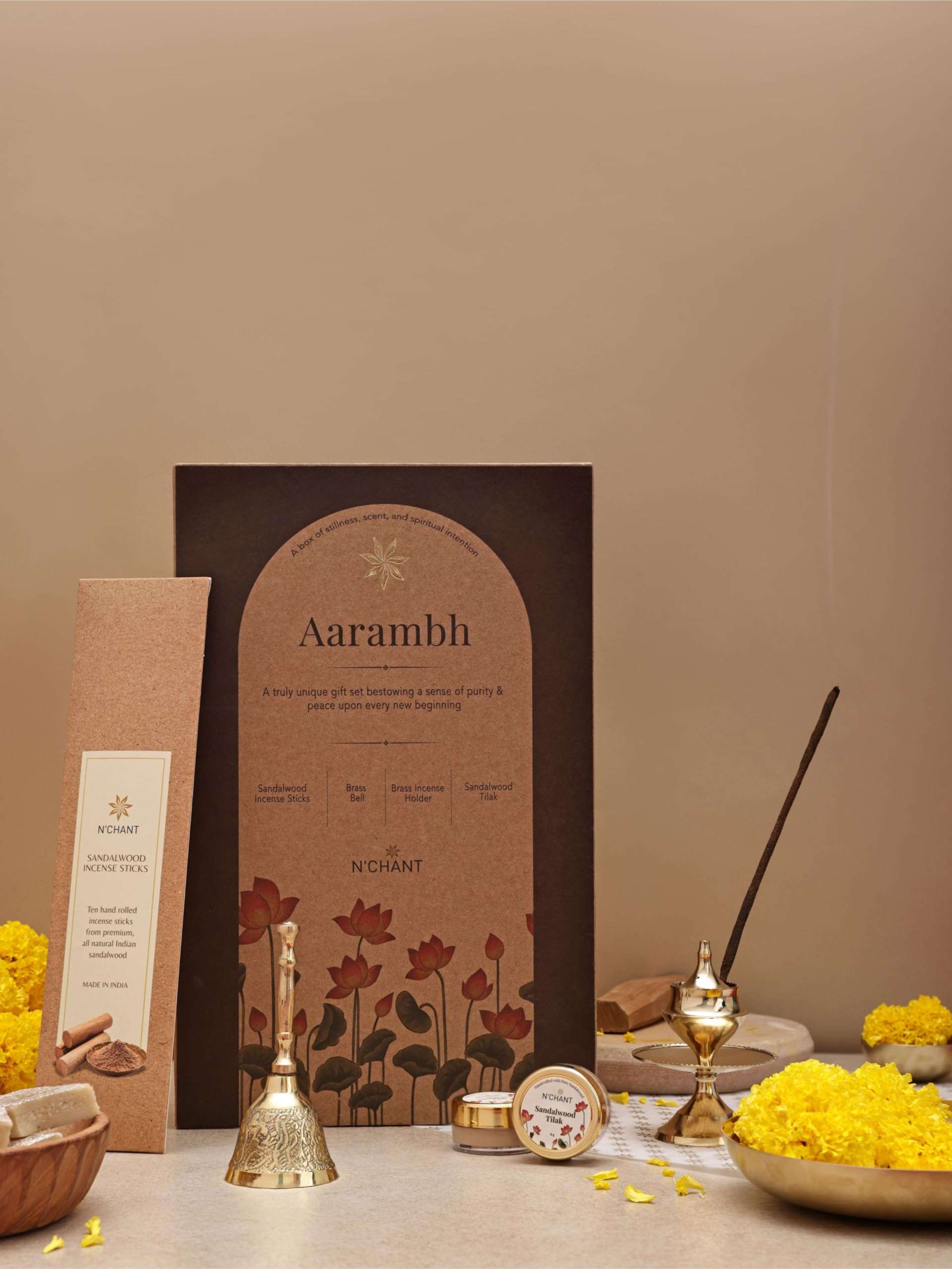 NChant Aarambh Puja Essentials Gift Box for Rituals Traditions and Ceremonies Diwali Puja Temple with Pital Bell Incense Holder Pure Sandalwood Tilak Incense Sticks Set of 1 6