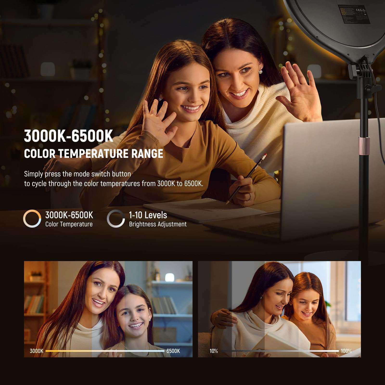 NEEWER Basics 2 Pack 10.5" Desktop LED Ring Light with Stand for Desk/Phone Holder, 3000-6500K Full Screen 15W Panel Lighting for iPhone Recording Streaming Selfie Laptop Webcam Video Conference, R10 4