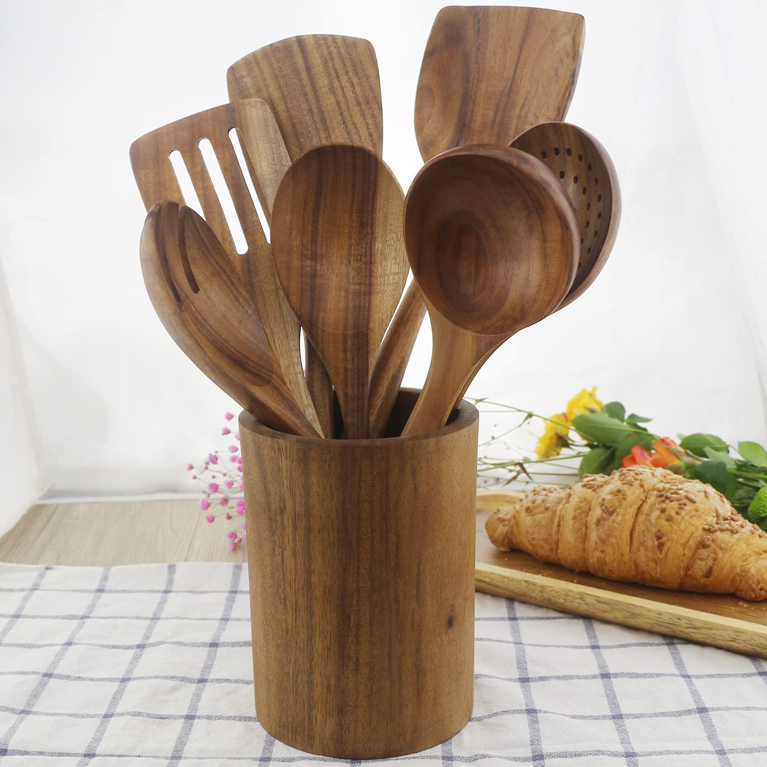 Wooden Spoons for Cooking, ADLORYEA Wood Kitchen Utensils Set, Natural Teak Wooden Cooking Utensils set for Nonstick Cookware, 7-Piece Sturdy Eco-friendly and Healthy Wooden Spatula for Cooking 6