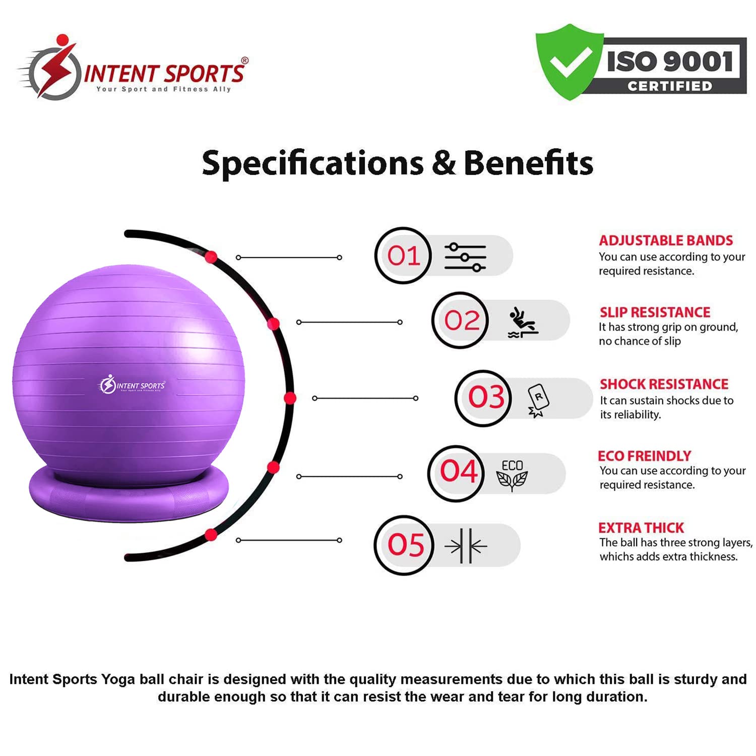 INTENT SPORTS Yoga Ball Chair – Stability Ball with Inflatable Stability Base & Resistance Bands, Fitness Ball for Home Gym, Office, Improves Back Pain, Core, Posture & Balance (65 cm) (Purple) 5