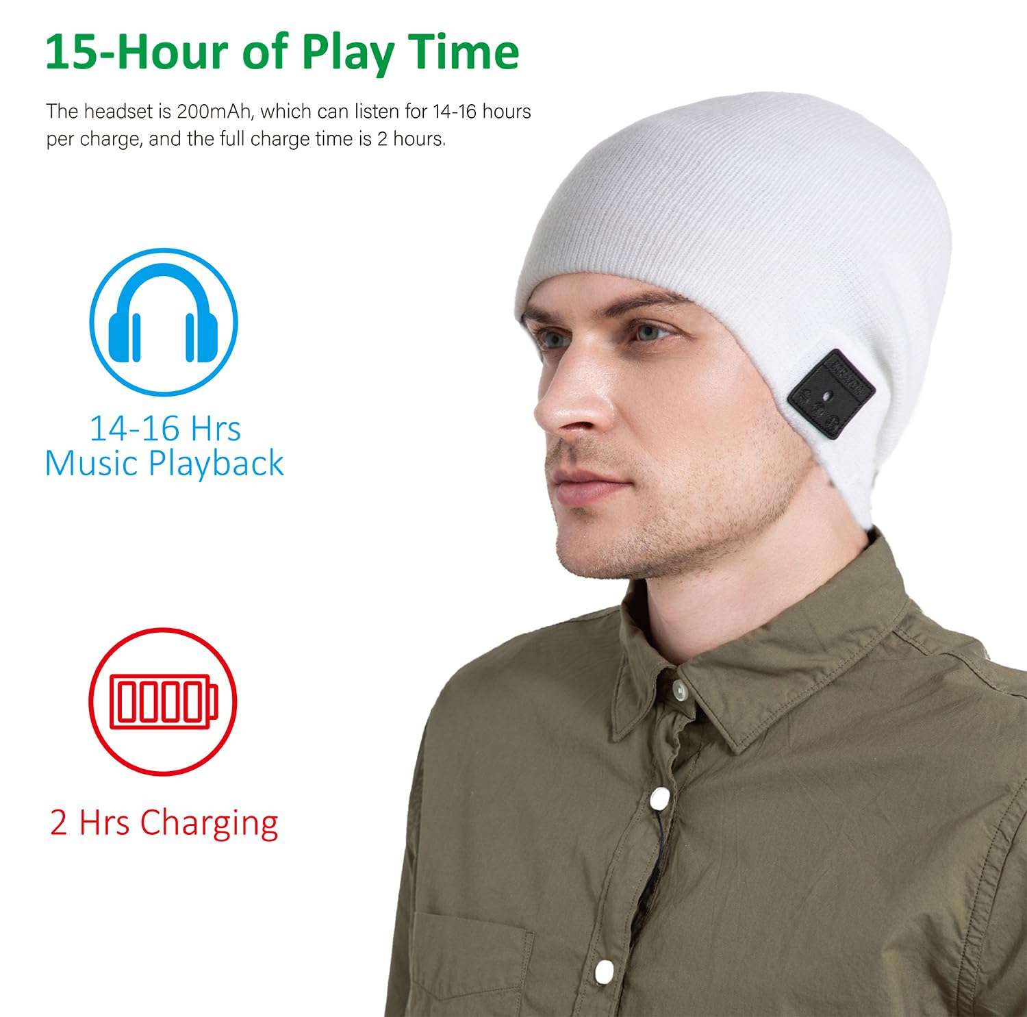BORAYDA Bluetooth Beanie, HD Stereo, Built-in Mic, Men's/Women's Christmas Electronic Gifts (White) 3