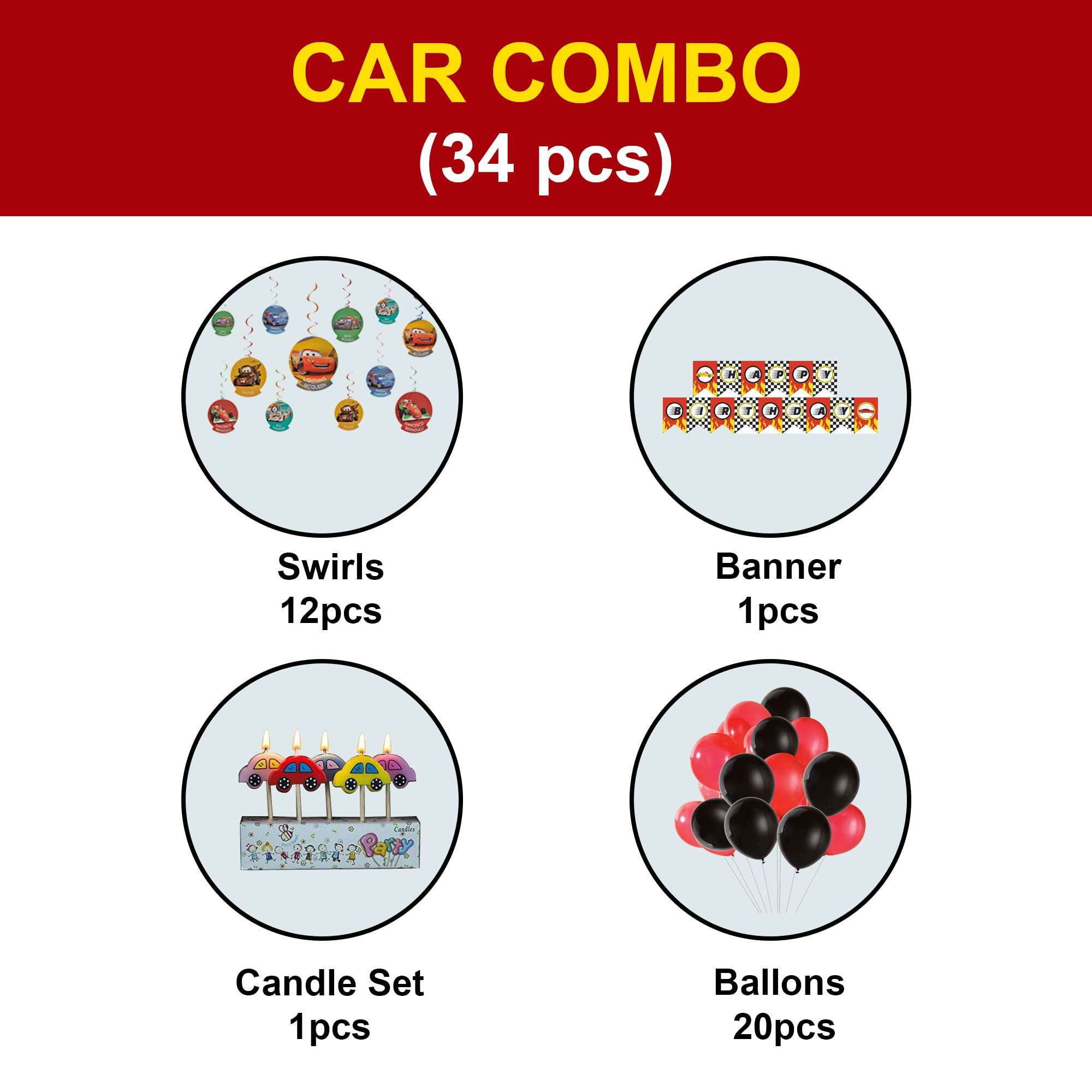 WP WANNA PARTY Cars Theme Birthday Decoration Combo, Race Car Birthday Decorations for Boys-Cars Birthday Banner,Cars Swirl Decoration,Cars Candle and Red and Black Balloons- Pack of 34 Party Props 3