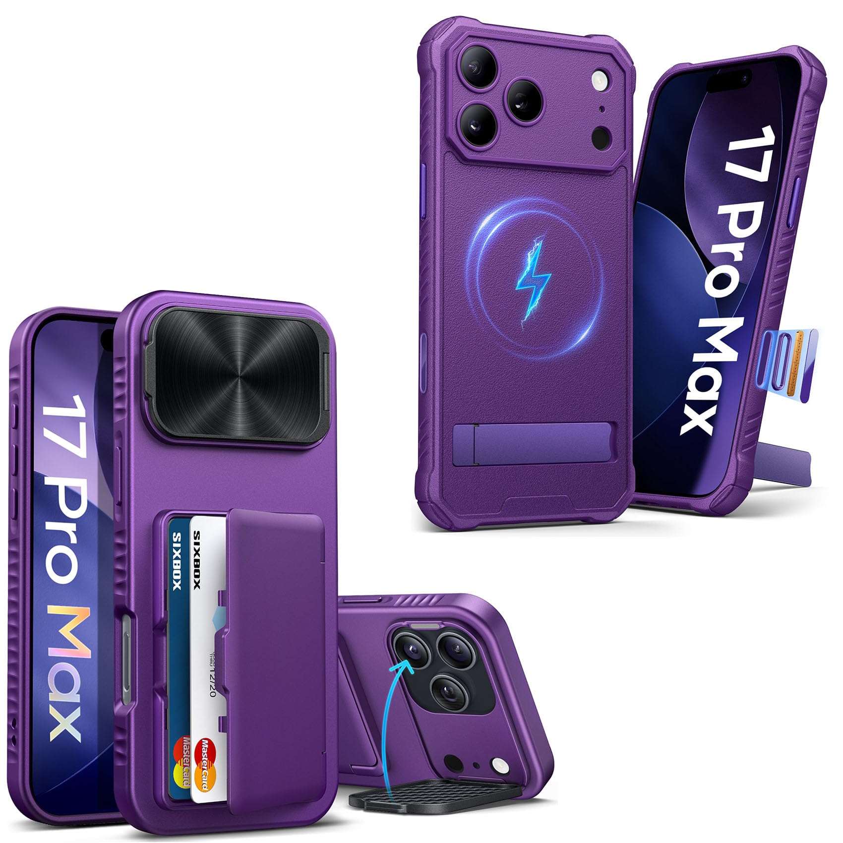 SIXBOX for iPhone 17 Pro Max Case, Built-in Card Holder & Stand & Lens Cover, Rugged Shockproof Protective Phone Case for 17 Pro Max, Purple 1