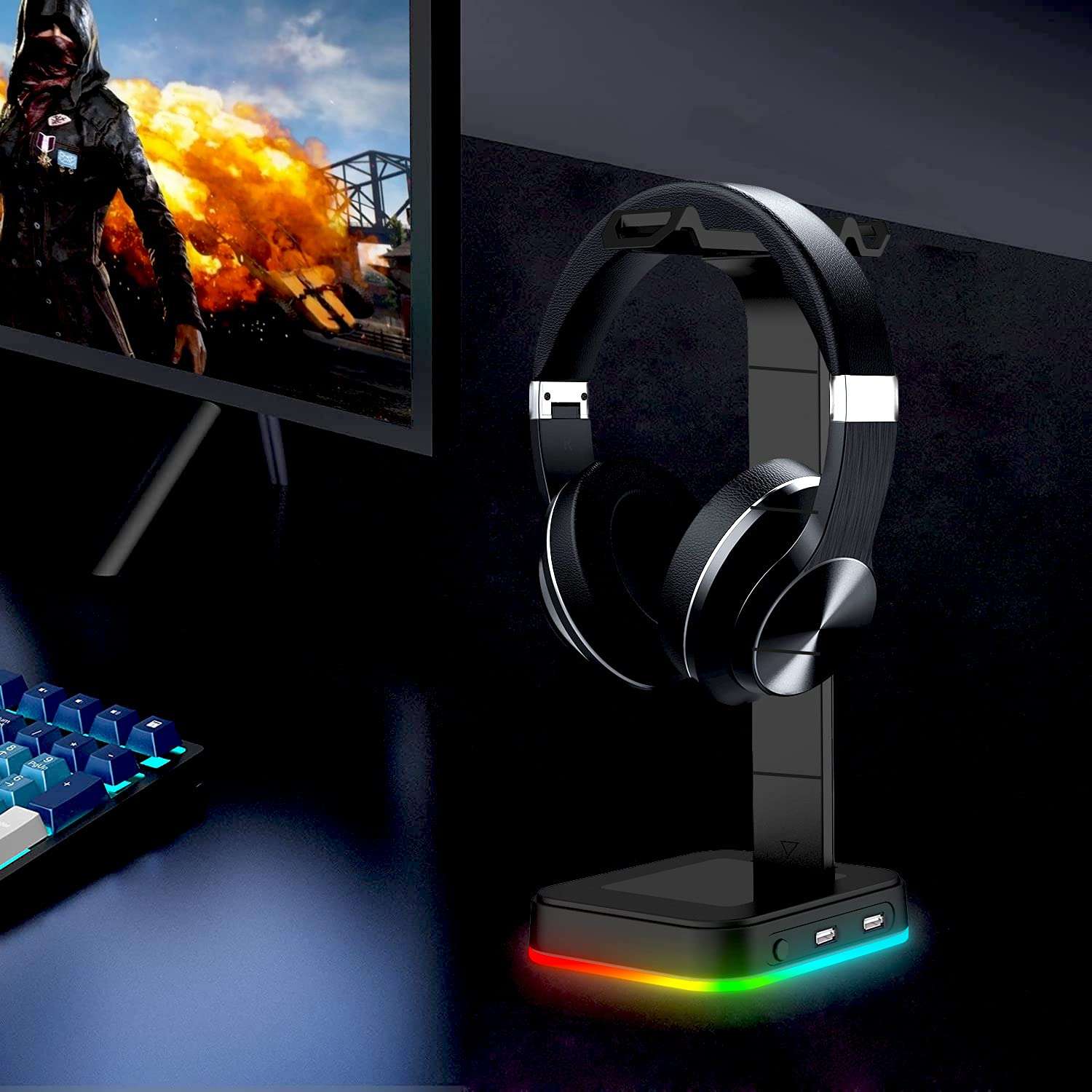 Verilux® Headphone Stand with RGB Effect Type-C and 2 USB Ports Desktop Headset Stand Durable Gaming Headphones Holder for PC Gamer Headphone Accessories, Black 5