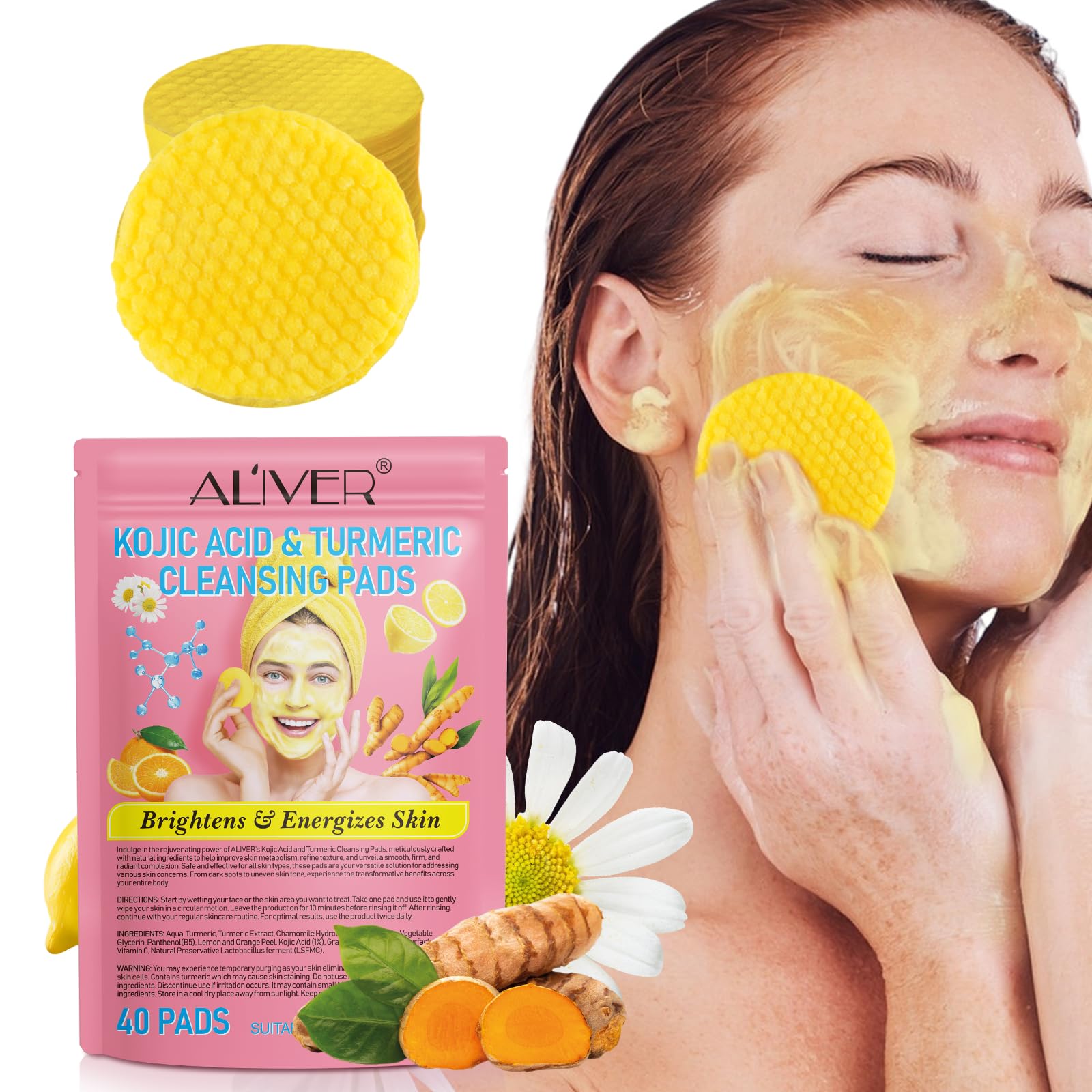 Onznoz Turmeric Kojic Acid Pads, 40 kojic acid and Turmeric Cleansing Pads, Turmeric Cleansing Pads for Dark Spots, Exfoliating Turmeric Pads Suitable for all Skin Types (40 p) 1