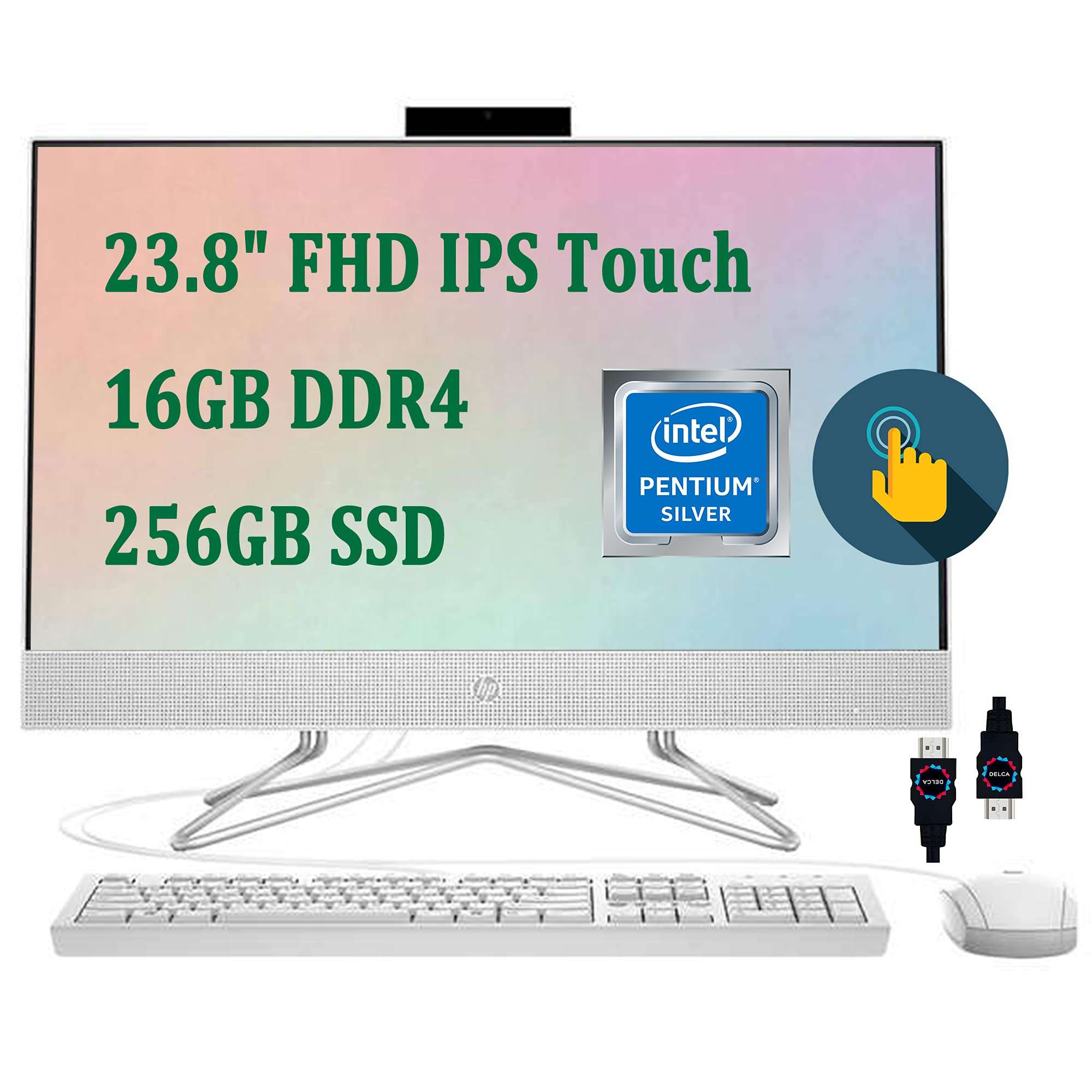 HP 24 All-in-One Desktop Computer I 23.8" FHD IPS Touchscreen (72% NTSC) I Intel 4-Core Pentium Silver J5040 I 16GB DDR4 256GB SSD I Intel UHD Graphics 605 I Win11 White + HDMI Cable 1